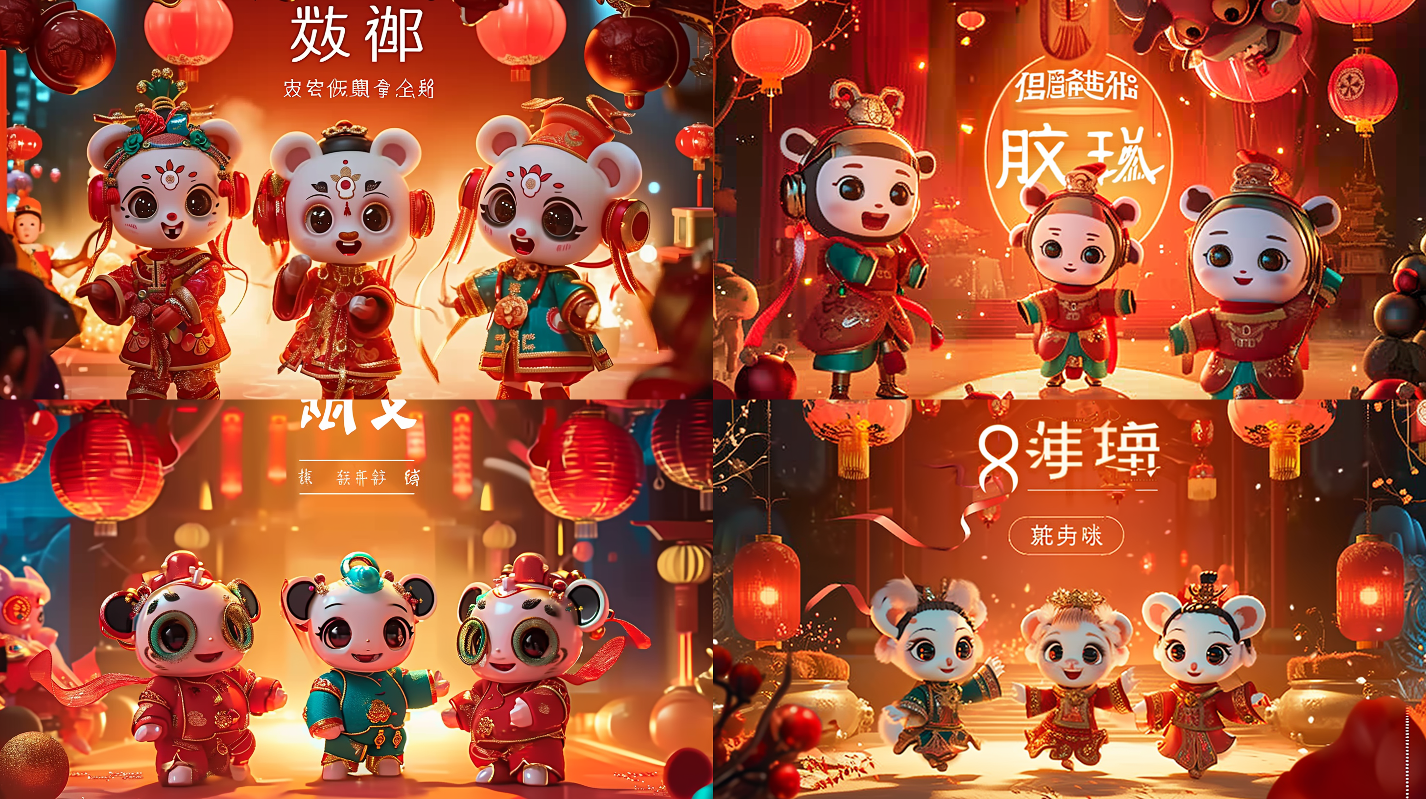 春节晚会的舞台，三个可爱活泼的三维立体卡通机器人穿着红绿蓝节日服装 ，舞着飘带，欢笑扭着，舞台上灯光炫丽，大红灯笼，上方三维立体的卡通飞龙，顶级的舞台设计，整体呈现红色的色调，浓郁的春节祥节日喜庆气氛，顶级的画质，8超高清，