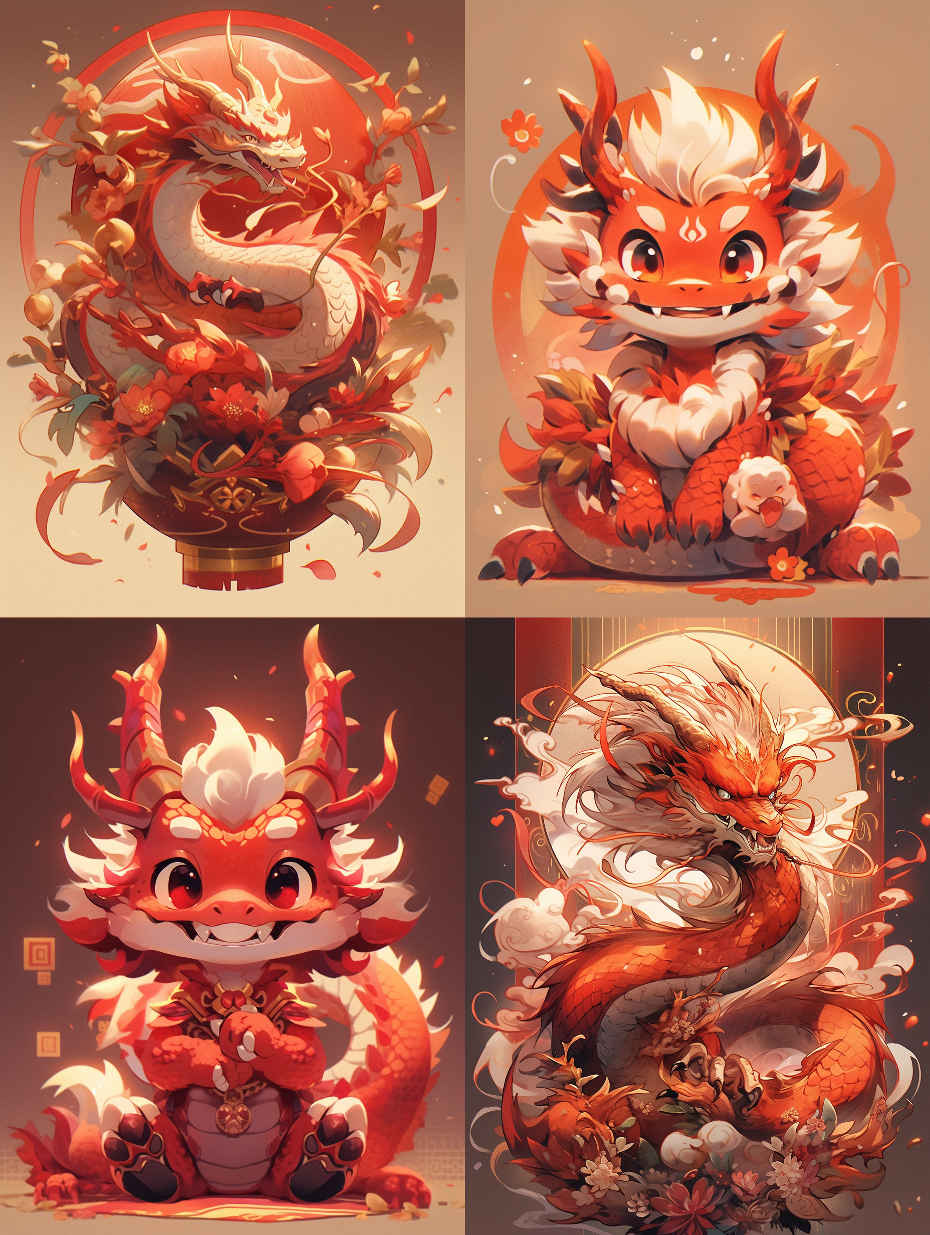 中国风小龙，龙的爪子摆出v型，可爱摆pose，红色背景，传统元素装饰，宽广的构图，明亮而柔和的光线，细节丰富，眼神友善，喜庆的颜色，欢乐的氛围。