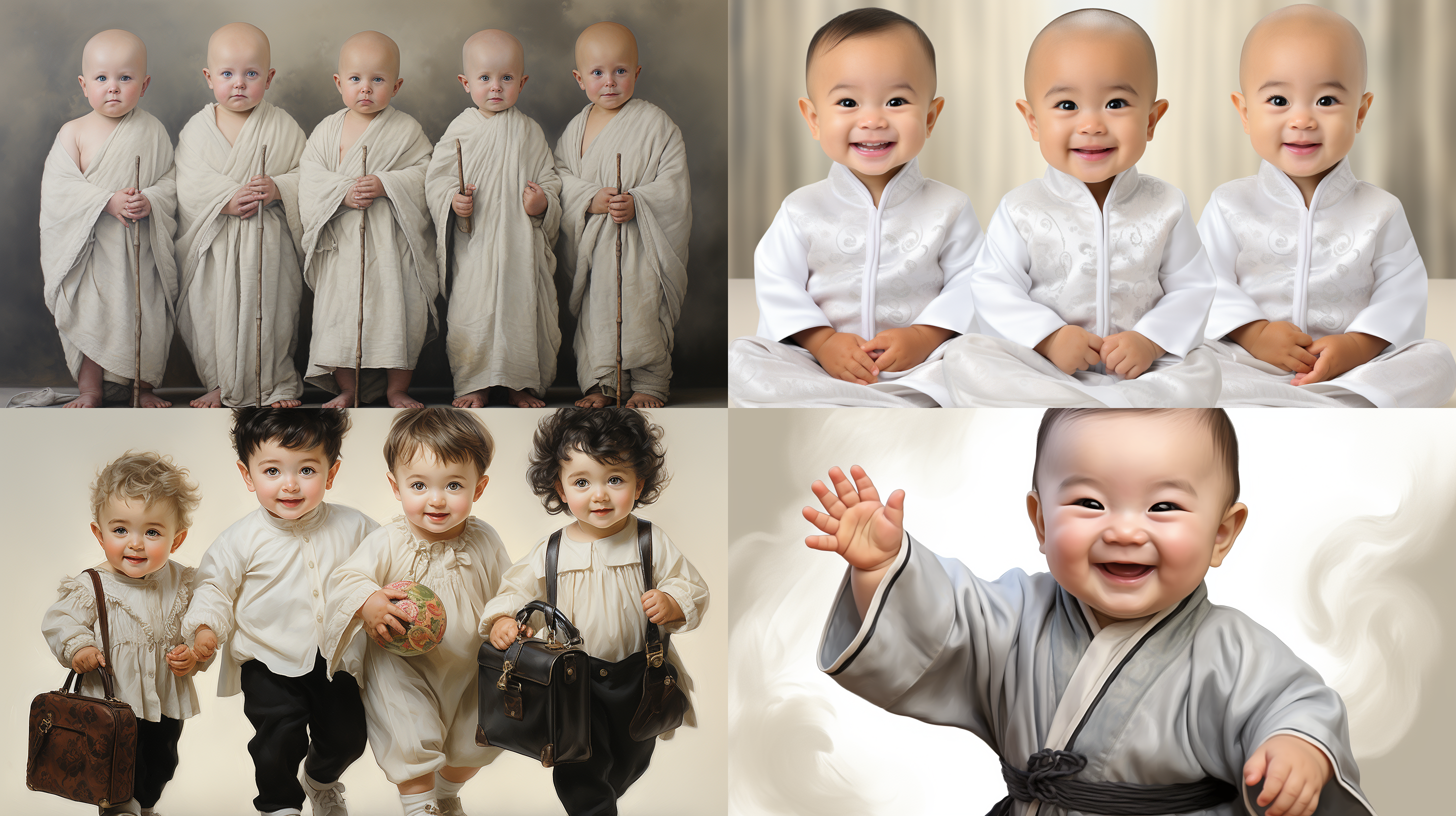 设计六套中国古代三岁小孩形象，穿白色衣服，光头，光脚，白色背景 正太 小男孩 原画