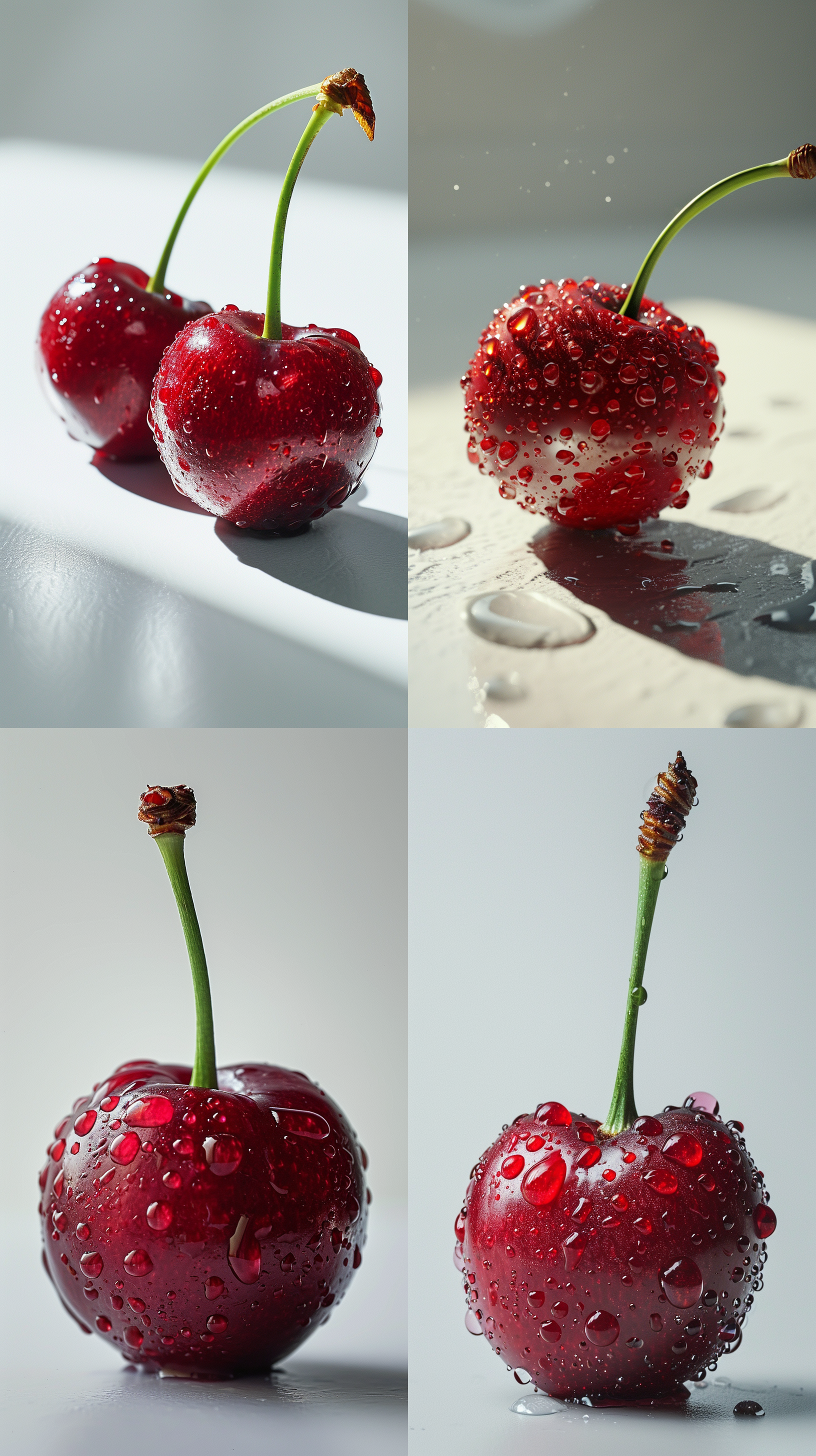 车厘子、矢量图、明亮的摄影棚灯光、白色背景、极简主义、微缩食品摄影、柔和的色彩混合