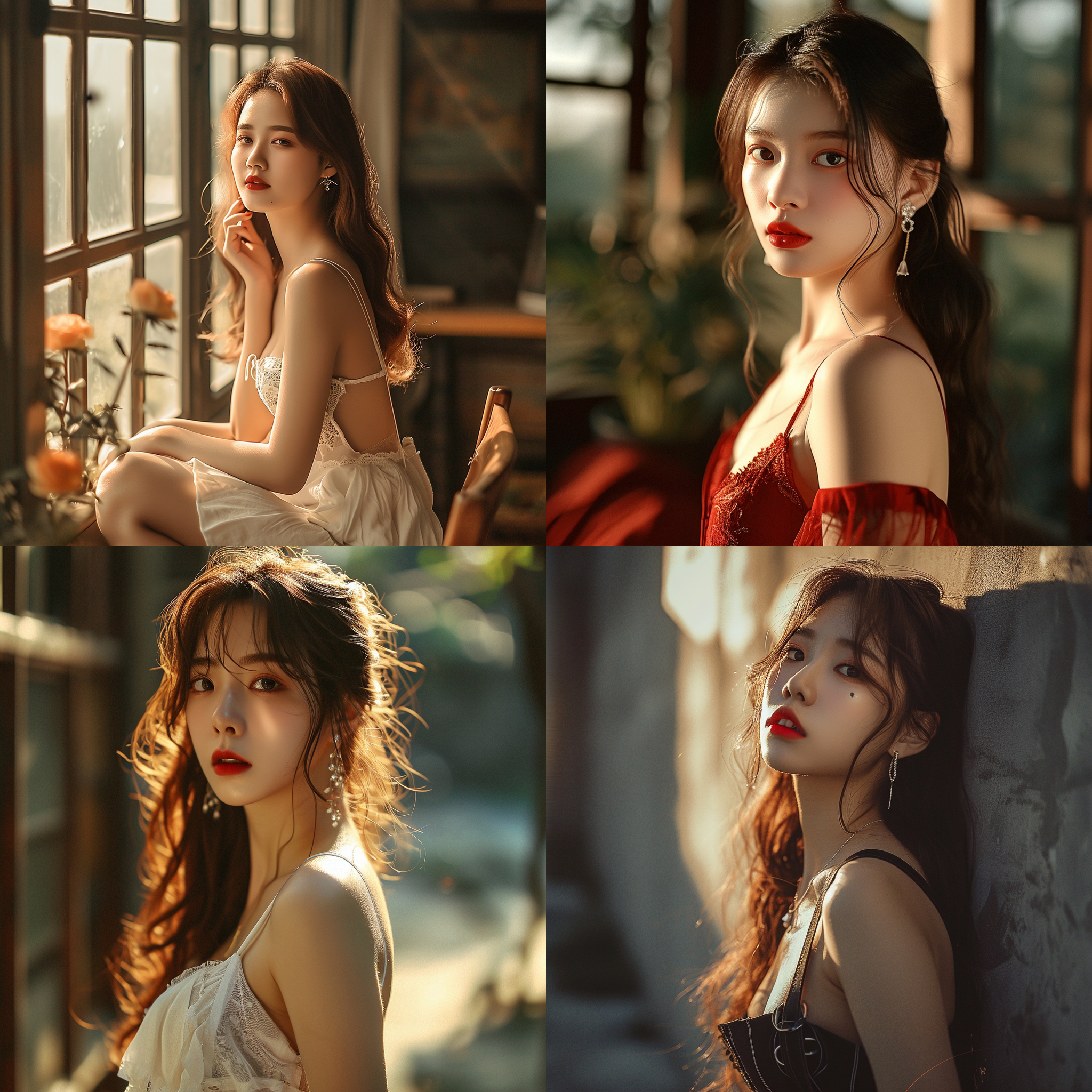 阳光，风景，中国24岁年轻女性，皮肤纹理真实，身高175厘米，全身画面，褐色长发顺滑，红色嘴唇，妆容精致，钻石耳饰，纤细腰部，肚脐，完美腿部，高筒吊带丝袜，高跟鞋，侧面打光，柔光镜头，佳能全画幅相机