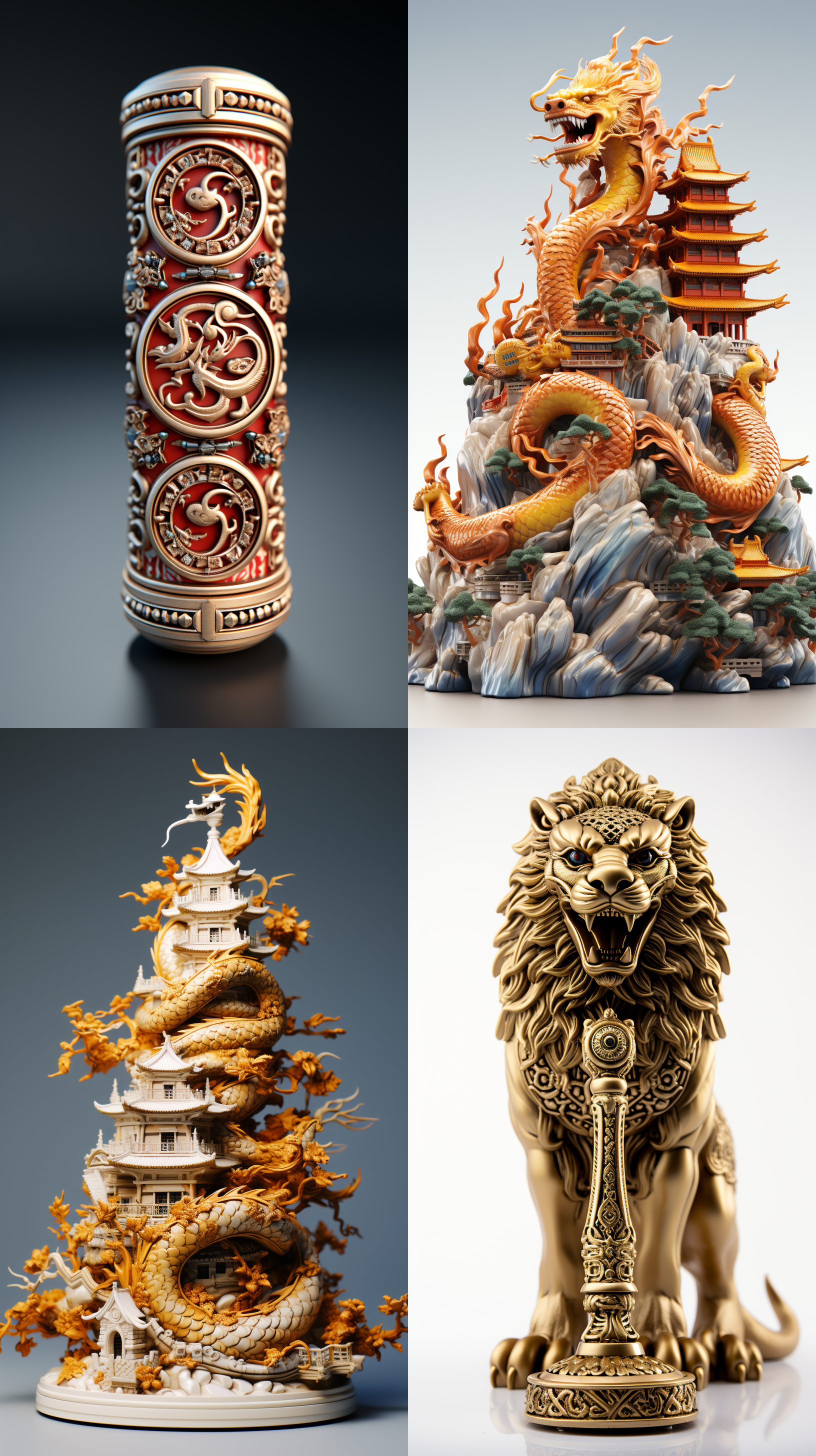 一根金色的盘龙柱，白色背景，中国龙，全景