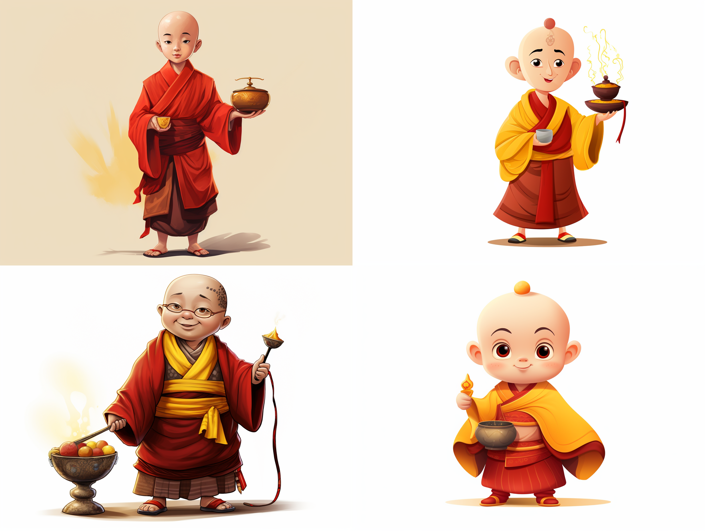 设计一个卡通唐僧， 头上戴着黄色唐僧帽，身穿红色方格袈裟， 手持金色拐杖，手碗挎着咖色佛珠，白色背景