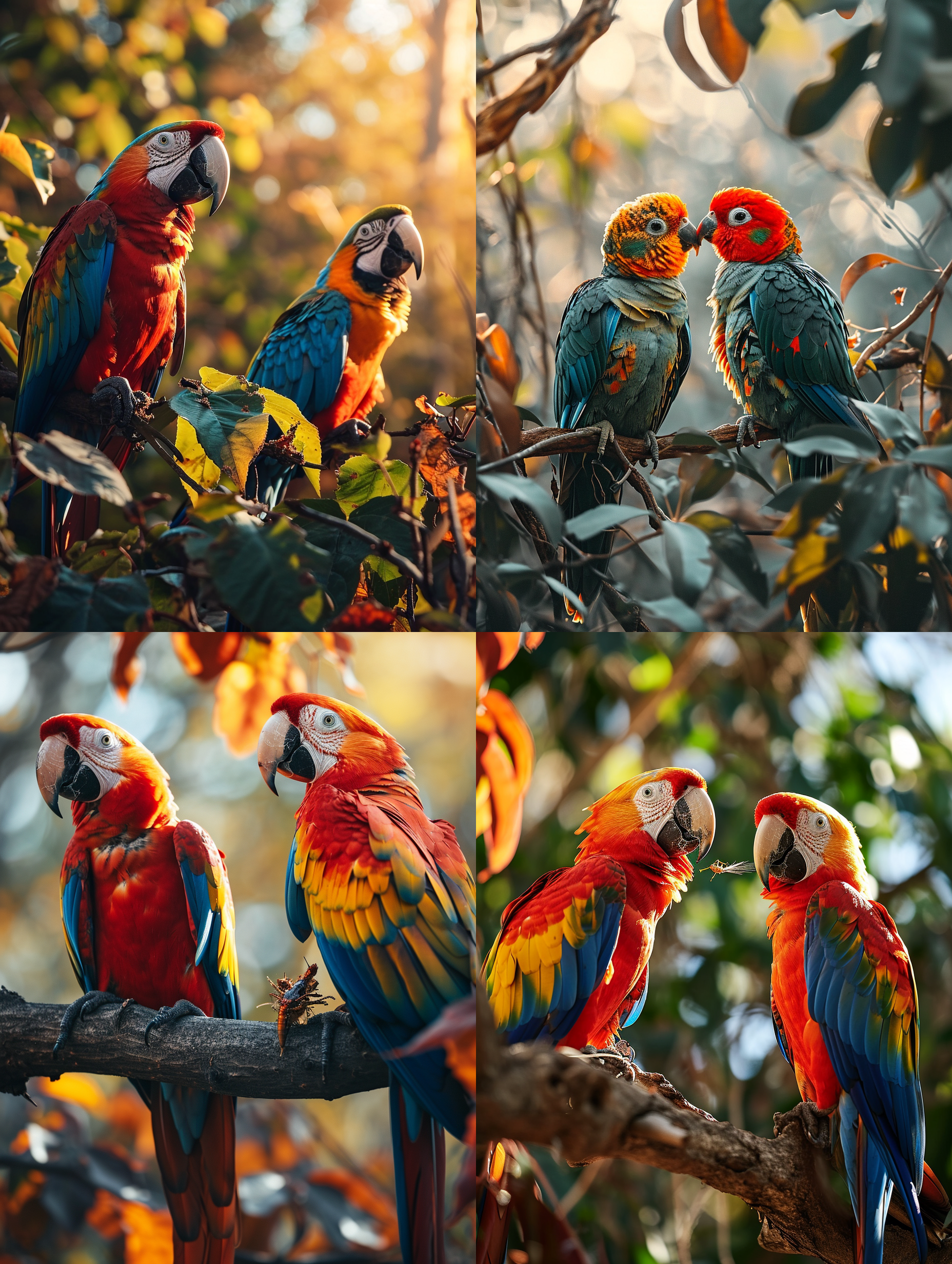 森林的树枝上，两只鹦鹉在给小鹦鹉哺食喂小虫子，温暖和煦的林中阳光光束照在鹦鹉的身上，多彩色的羽毛莹光闪闪，专业动物摄影，徕卡高端相机专业摄影，中景镜头，全景，周边是秋季五颜六色的林中霜叶，鹦鹉们可爱古灵精怪的样子，可笑，阳光光线，野外真实光线，超写实，现实风格，8k超高清画质