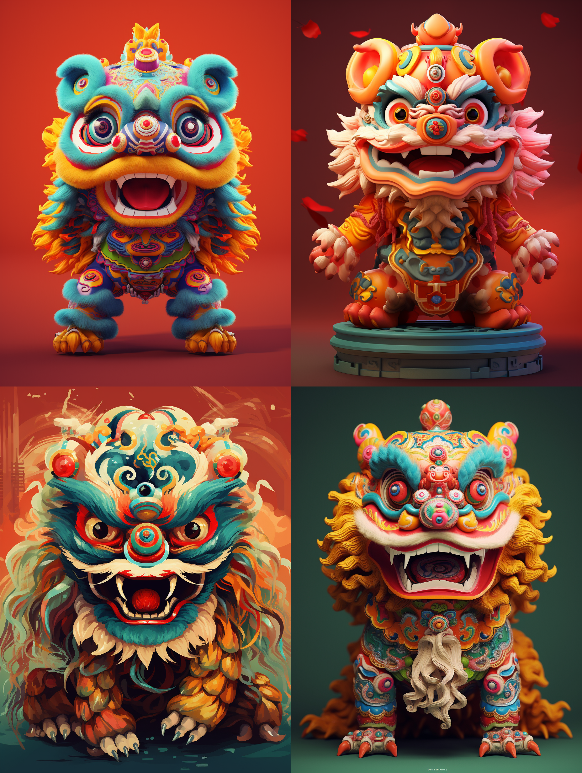 中国风舞狮，多色，背景纯色，动态优美，活泼可爱，4k