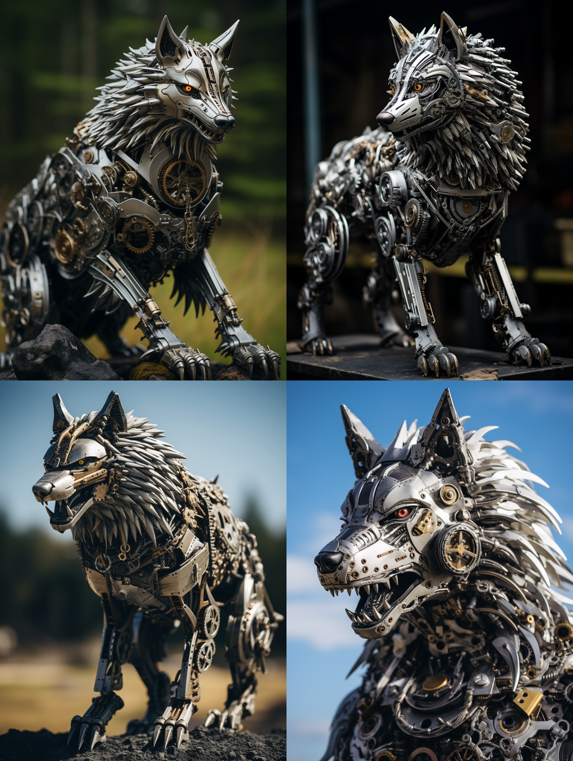 一只精美的野狼，用钢铁零件制作的，细节由很多齿轮，机械配件组成，仰头朝天怒吼，栩栩如生，能看到整个狼的头和身子和尾巴