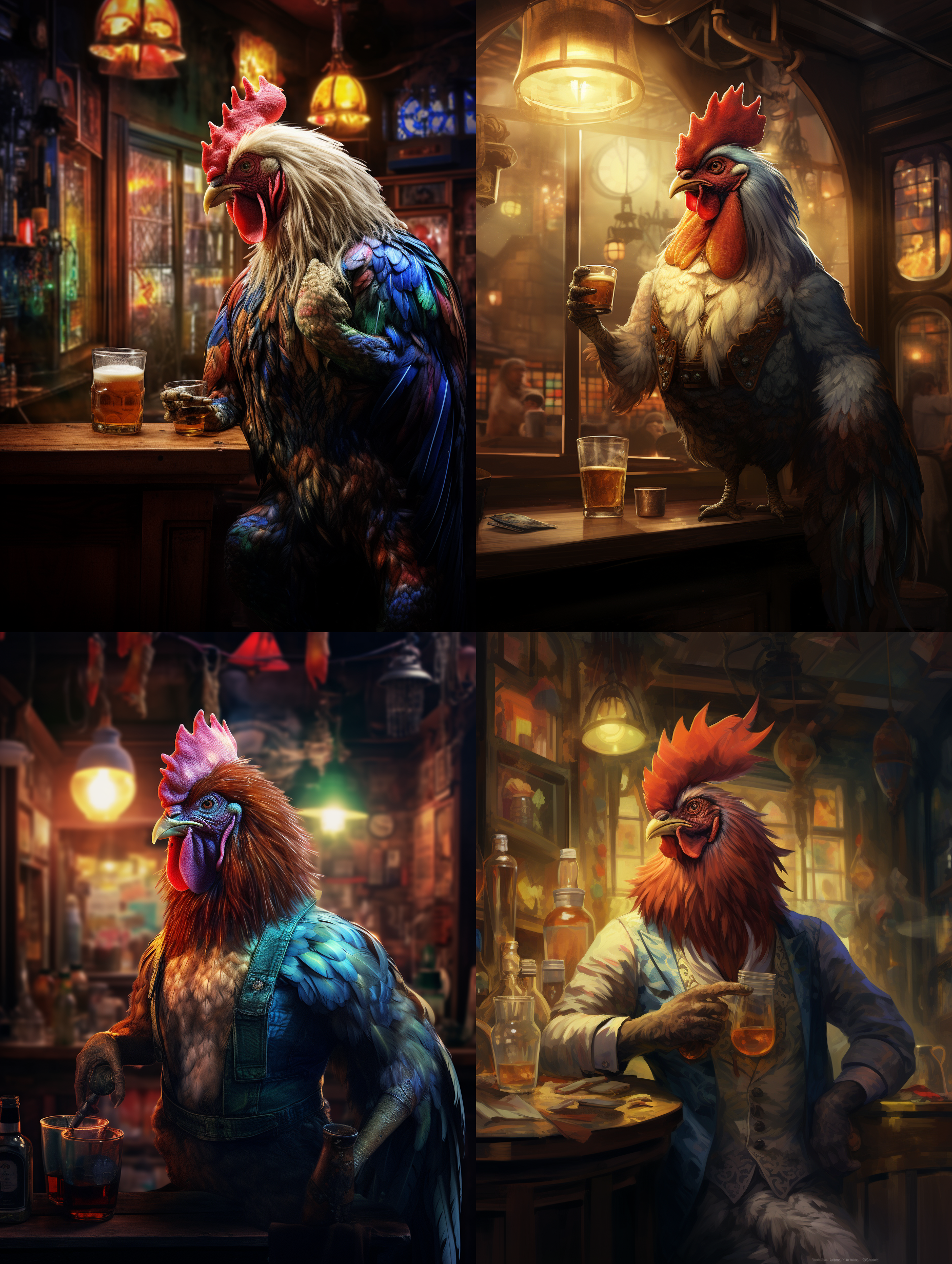 一只公鸡在喝酒，喝醉了摇摇摆摆的跳舞，穿着人的衣服，后面是一个灯红酒绿的酒巴，黑暗中窗户里透出明亮的光来。