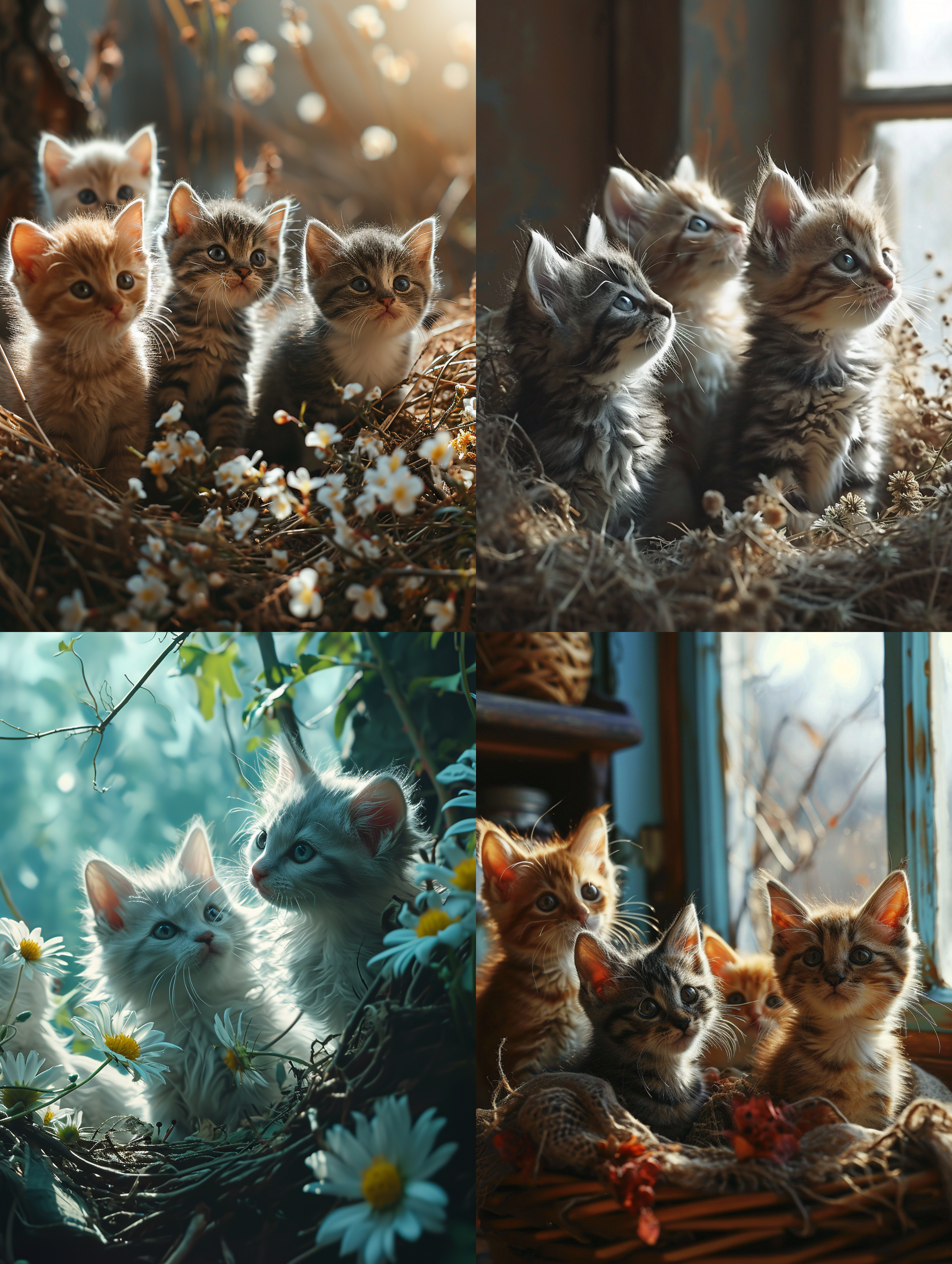 一群可爱的小花猫猫咪蹲在猫窝里睁着好奇，惊讶的眼神看着什么！呆萌可爱，可笑，古怪，阳光光线，室内真实光线，写实，现实风格，超高清