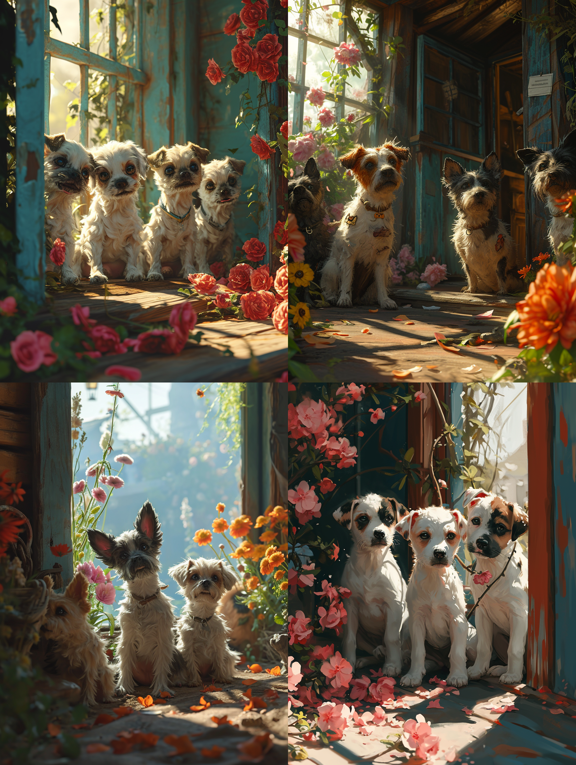 一群可爱的小花狗蹲在狗窝里睁着好奇，惊讶的眼神看着什么！软萌可爱，古灵精怪，可笑，阳光光线，室内真实光线，写实，现实风格，超高清