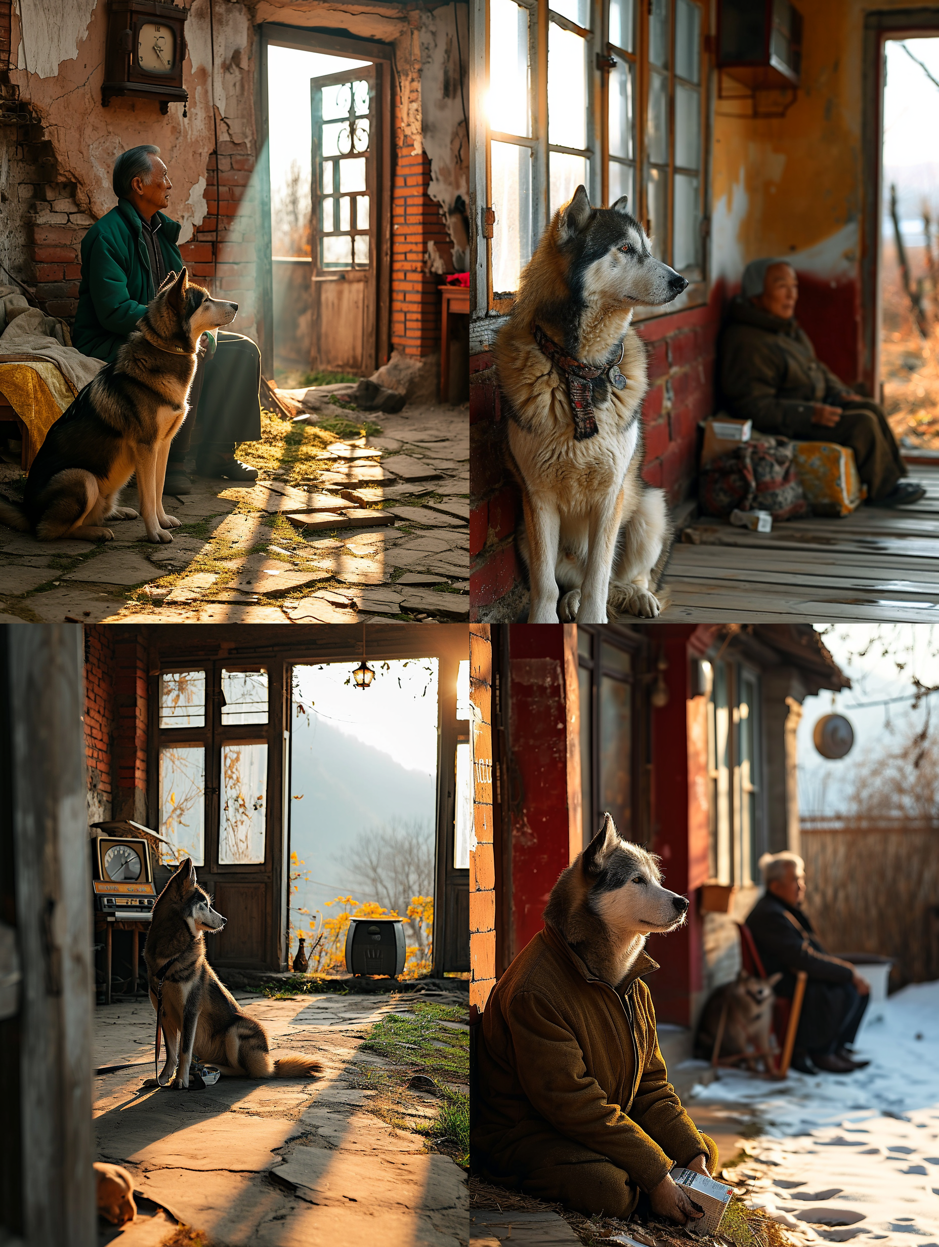 东北乡下的红砖白墙老房子里，聪明的哈士奇狗在叼着一盒药送到老人面前，老人坐在东北火坑上，盖着棉被 ，窗外东北风格的院子，简朴的装修，老电子钟，老旧的液晶电视，老旧的家具，专业人文摄影，徕卡相机专业摄影，光束从窗外照在老人身上，野外真实光线，超写实，现实风格，8k超高清画质