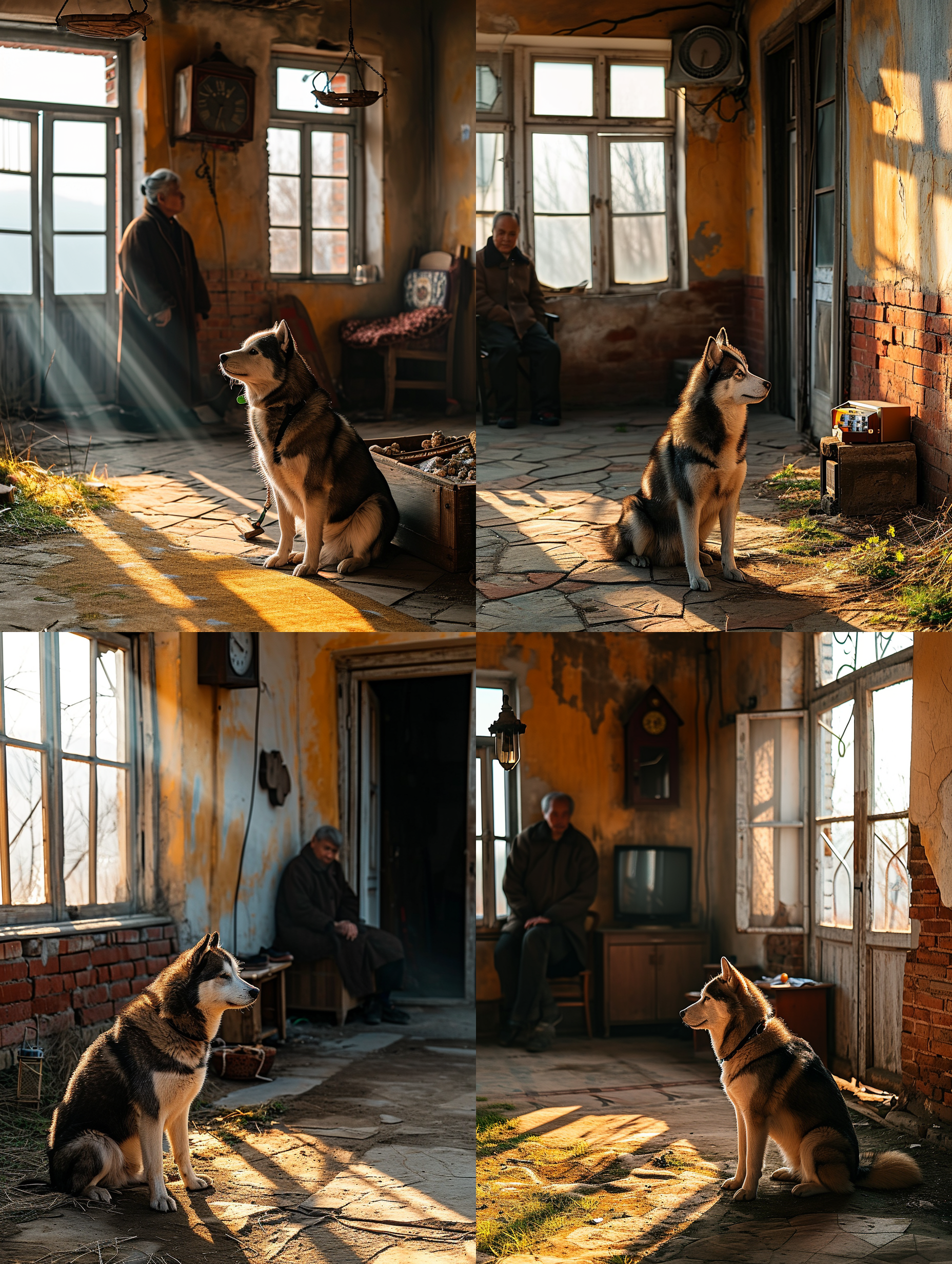 东北乡下的红砖白墙老房子里，聪明的哈士奇狗在叼着一盒药送到老人面前，老人坐在东北火坑上，盖着棉被 ，窗外东北风格的院子，简朴的装修，老电子钟，老旧的液晶电视，老旧的家具，专业人文摄影，徕卡相机专业摄影，光束从窗外照在老人身上，野外真实光线，超写实，现实风格，8k超高清画质