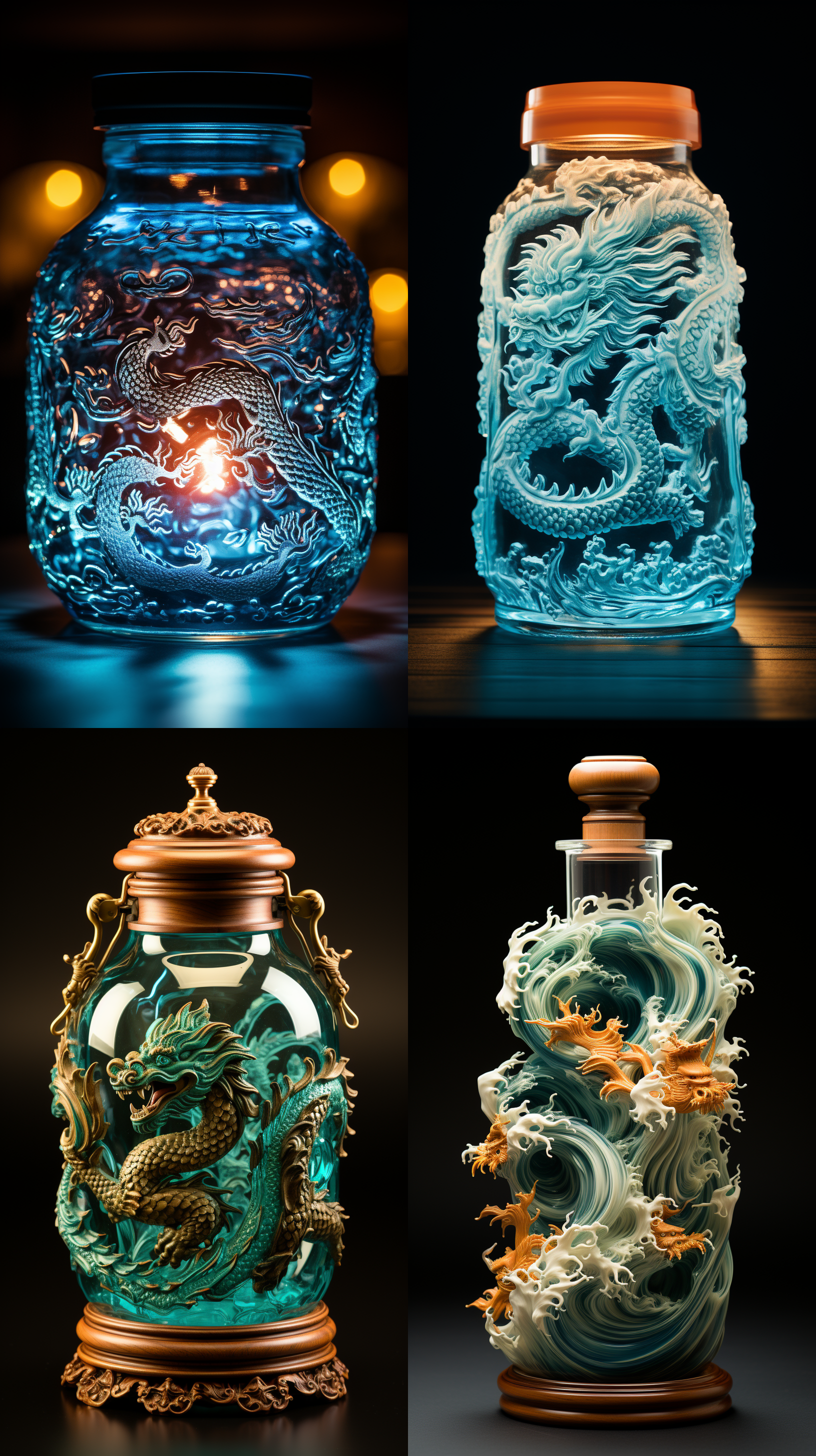 中国龙，蓝色，从玻璃罐里，飞出来