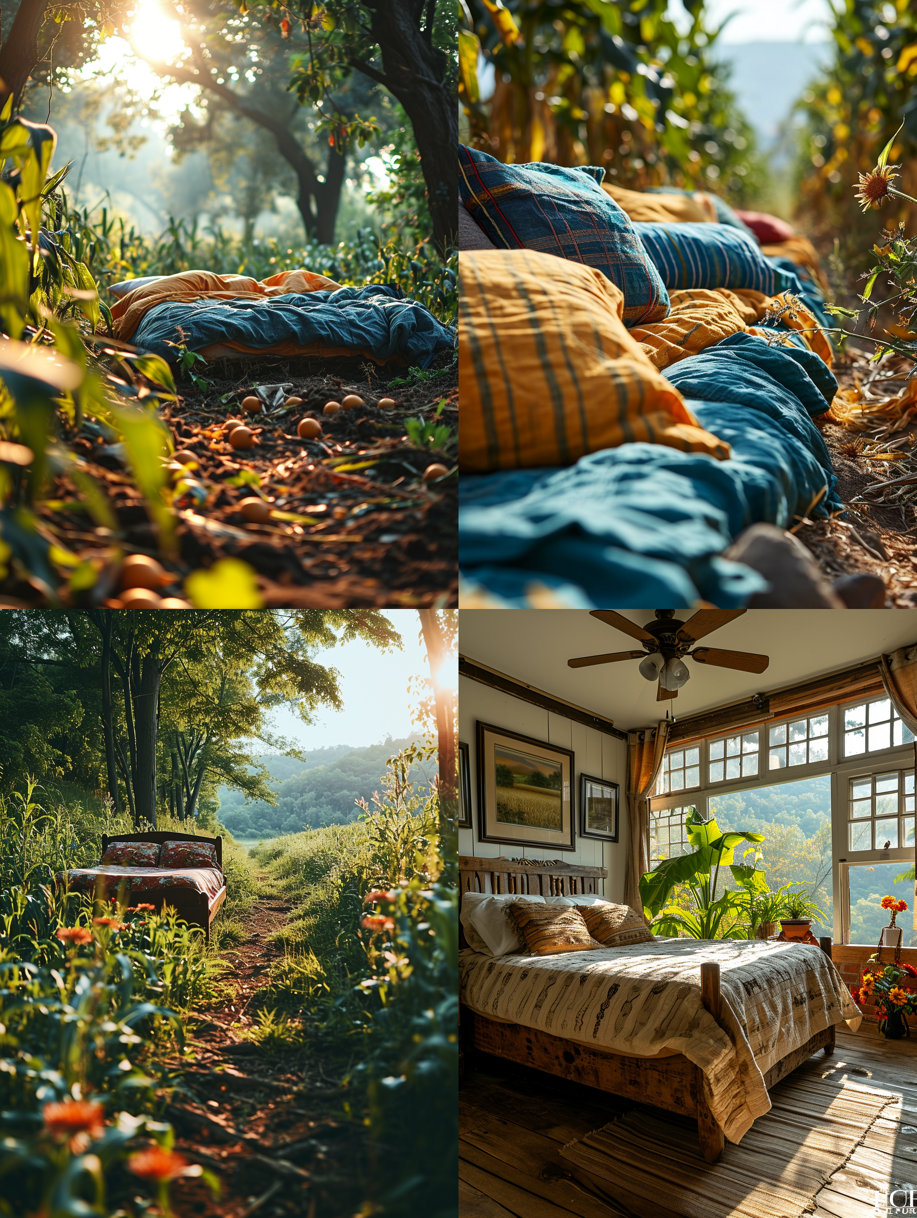 玉米地上的双人床，绿色环绕，枕头诱人，放松。环境自然，明亮的阳光透过玉米洒落，温暖色调，广角镜头，静态。 三分法构图 农田 绿野仙踪 丁达尔效应 可持续建筑 平面摄影