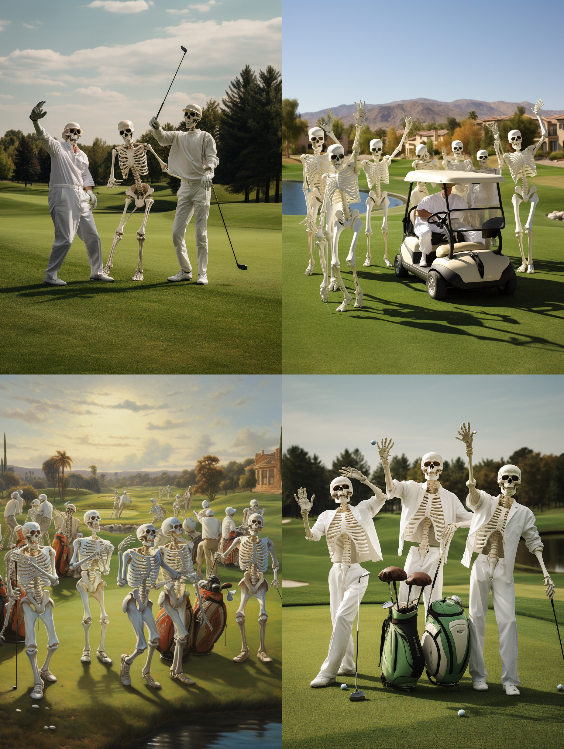 骷髅人在高尔夫球场上打球，绿油油的高尔夫球场，骷髅人挥动球杆，穿着白色衬衣