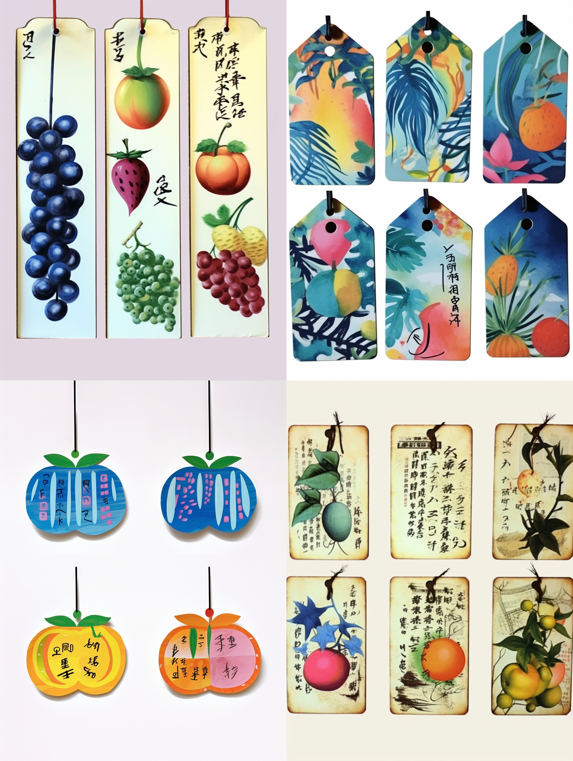 在水果上挂着一张：产地直销，四个字的标签纸卡片，卡片上有一些有趣的色彩图案。