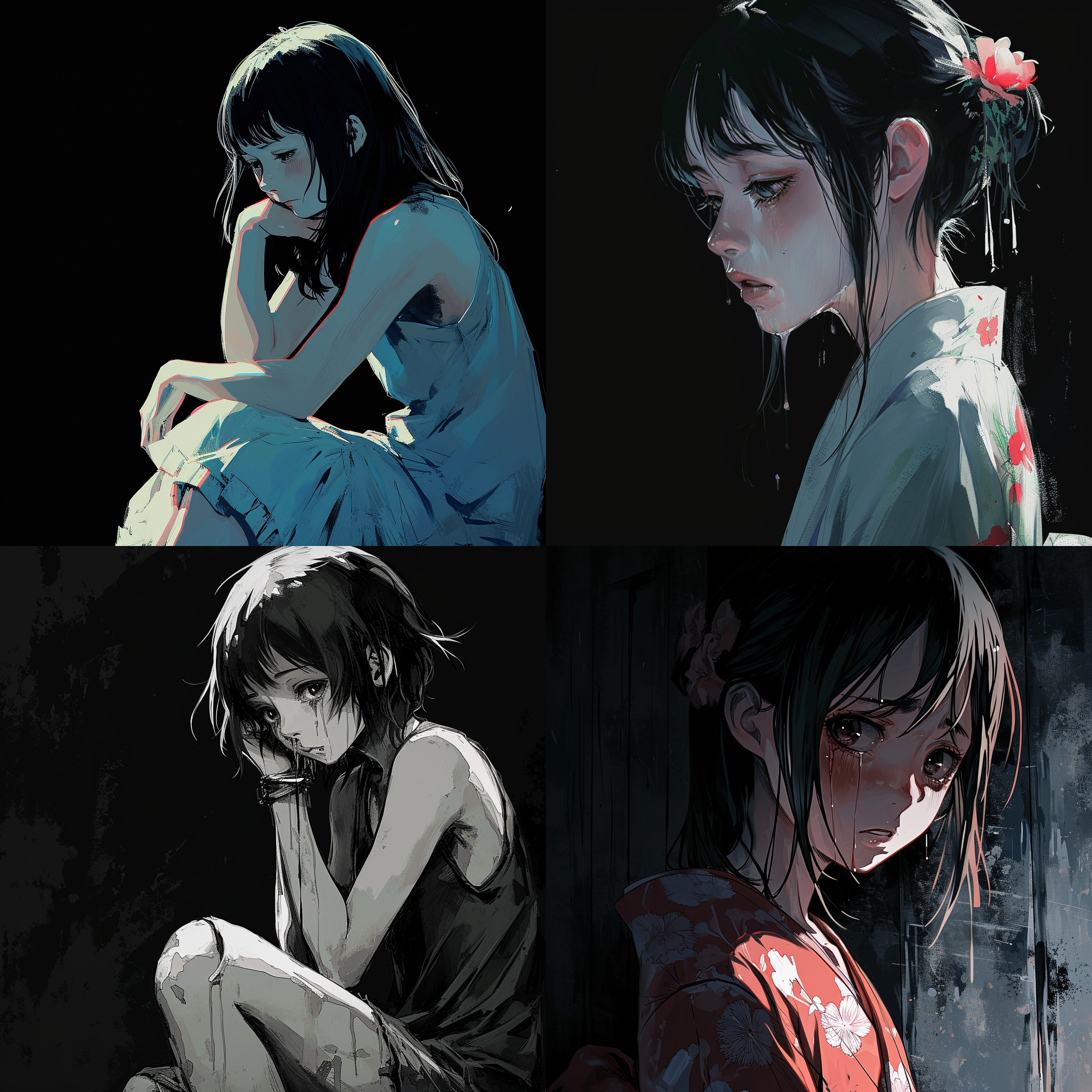 黑色背景，伤感，日漫，女生，哭泣，孤独，