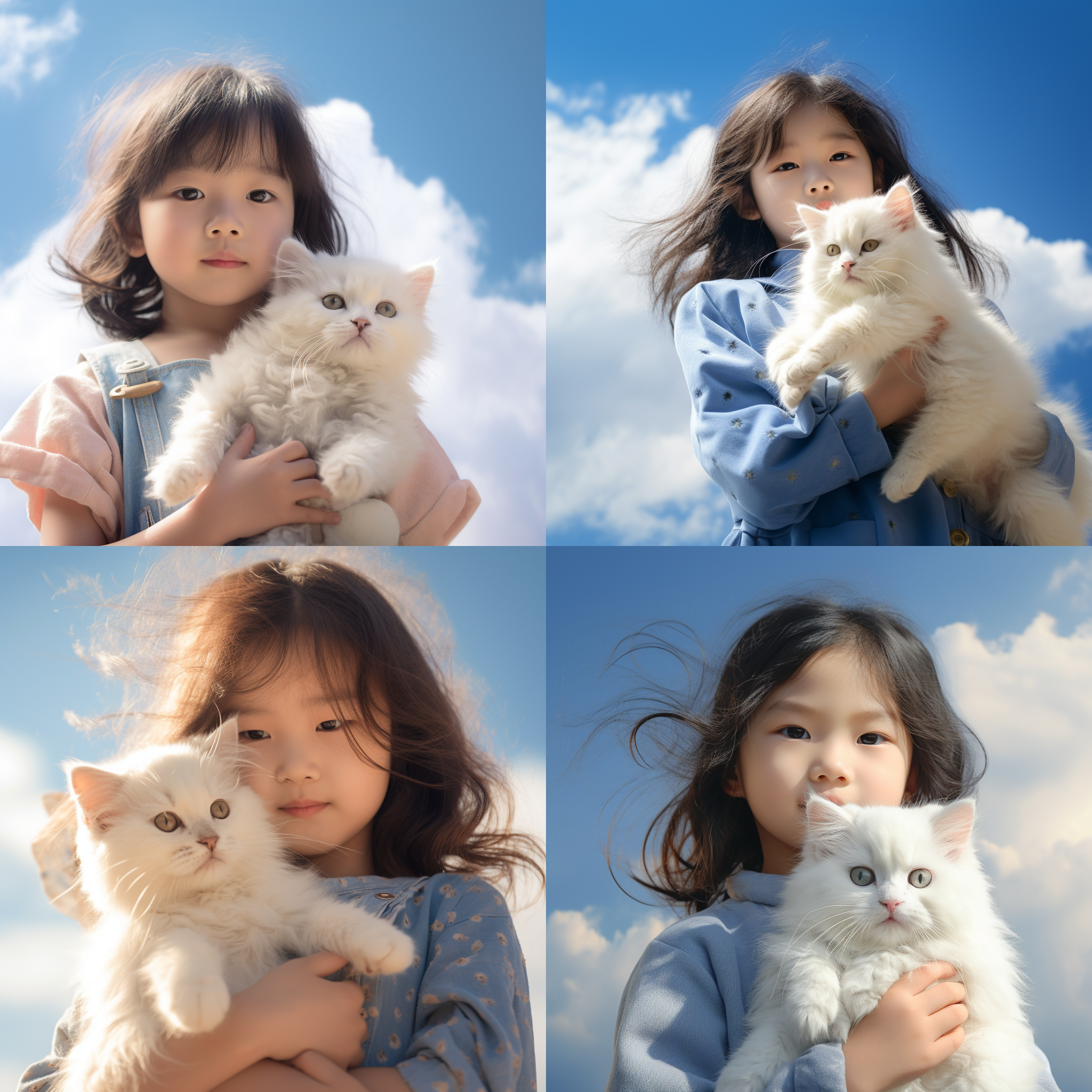 蓝蓝的天空，一个中国小女孩抱着一只猫咪。构图规则，白云阳光背景，暖色调， 正视图，柔光，温馨，童真，亲密