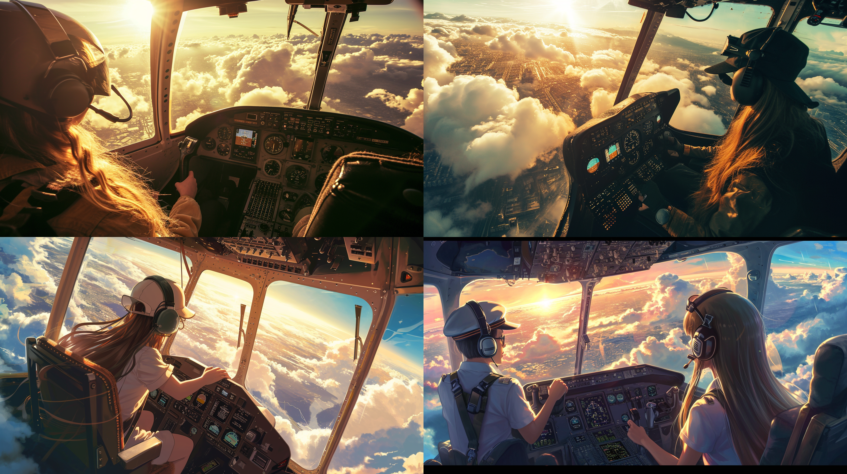 天空之城，长发女孩和帽子男孩驾驶飞行器。悬浮在云层上方，广角镜头捕捉到周围的城市景观。明亮的阳光照射下，呈现出温暖的色彩。女孩的长发自由飘扬，男孩专注地操作控制台。飞行器快速穿越云朵，创造出一种轻盈和自由的氛围。