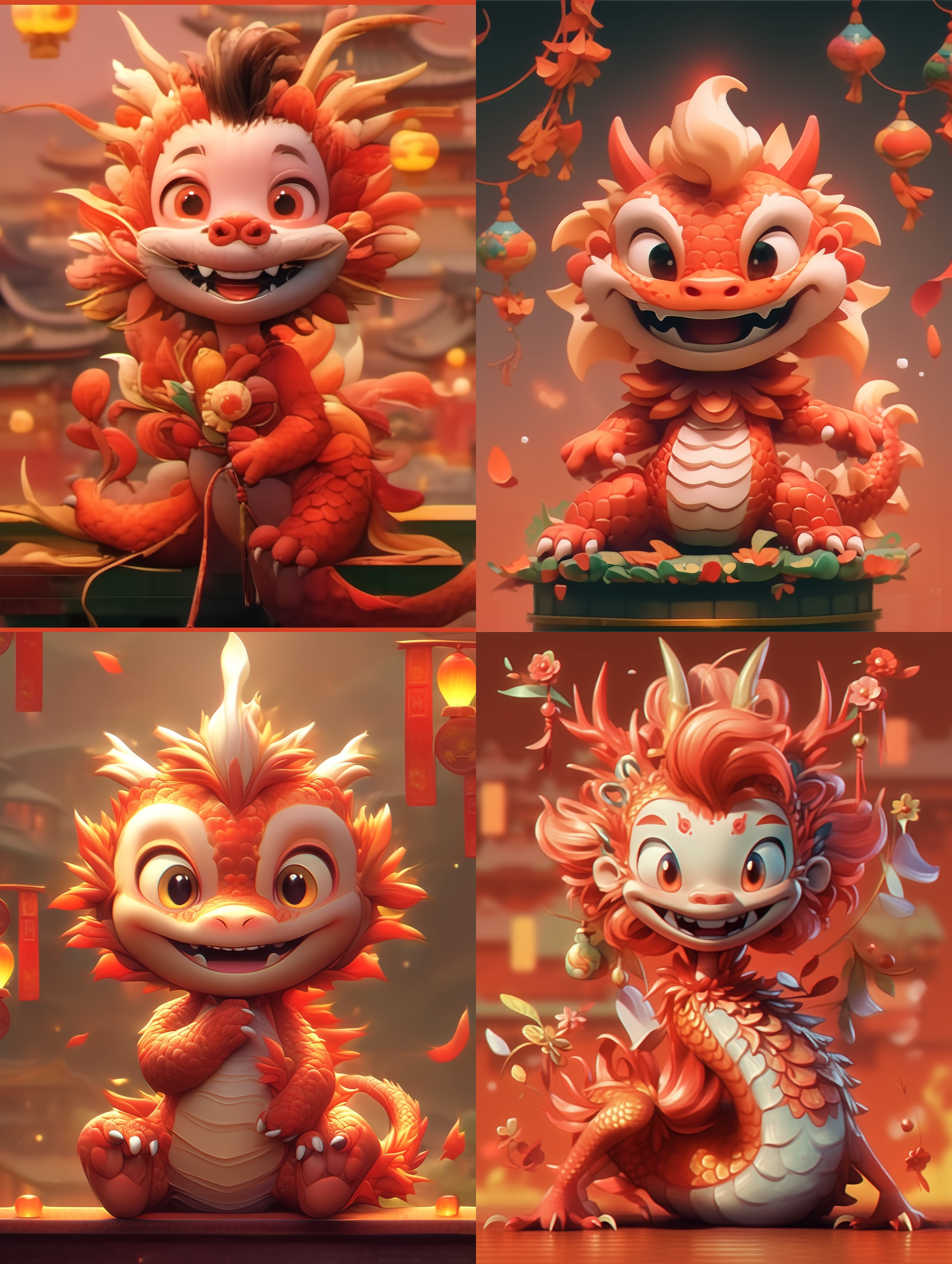 中国风小龙，可爱摆pose，红色背景，传统元素装饰，宽广的构图，明亮而柔和的光线，细节丰富，眼神友善，龙的爪子摆出v型，喜庆的颜色，欢乐的氛围。