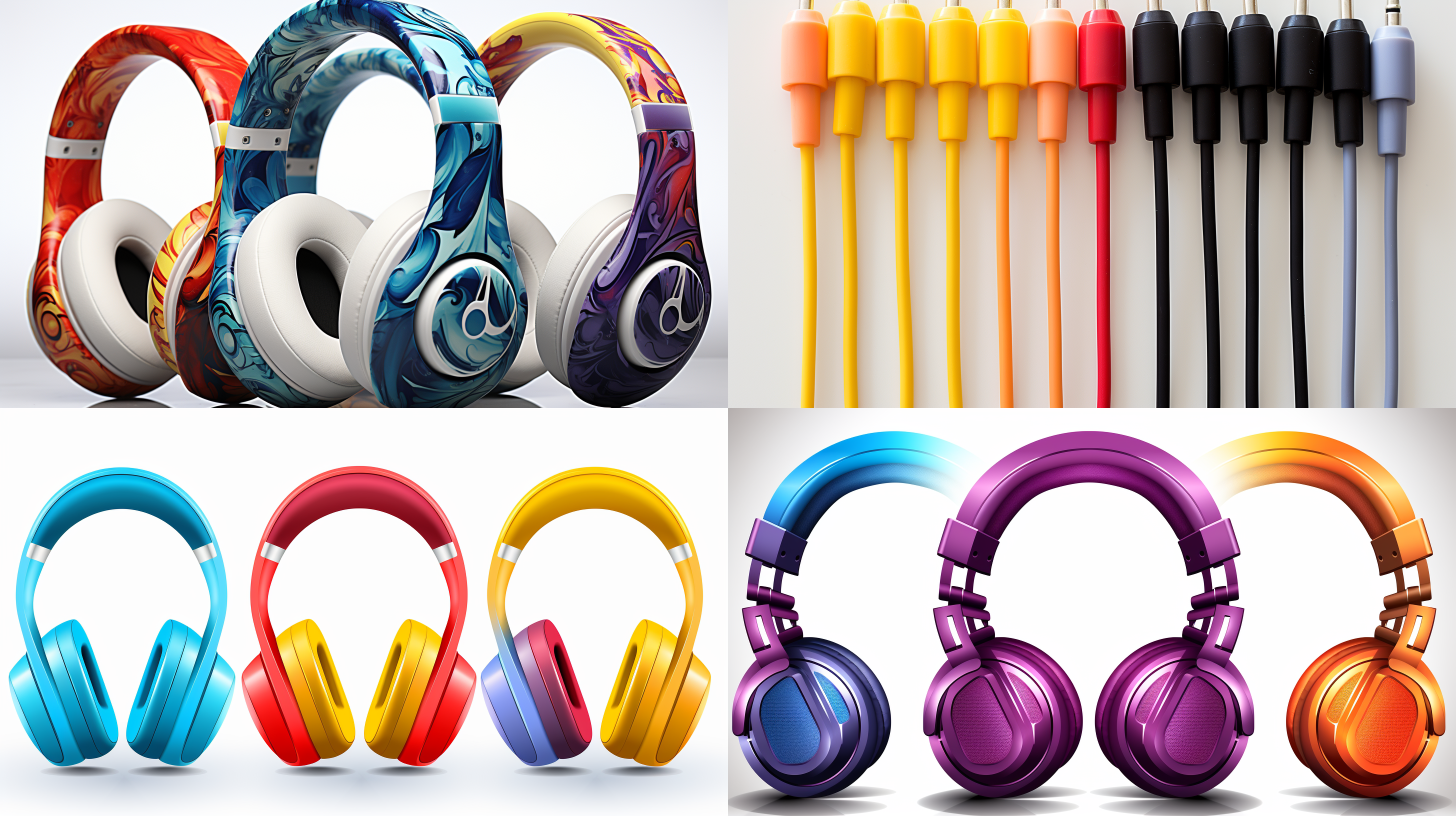 设计一对无线耳机和耳机盒，六套颜色，写实风格，白色背景