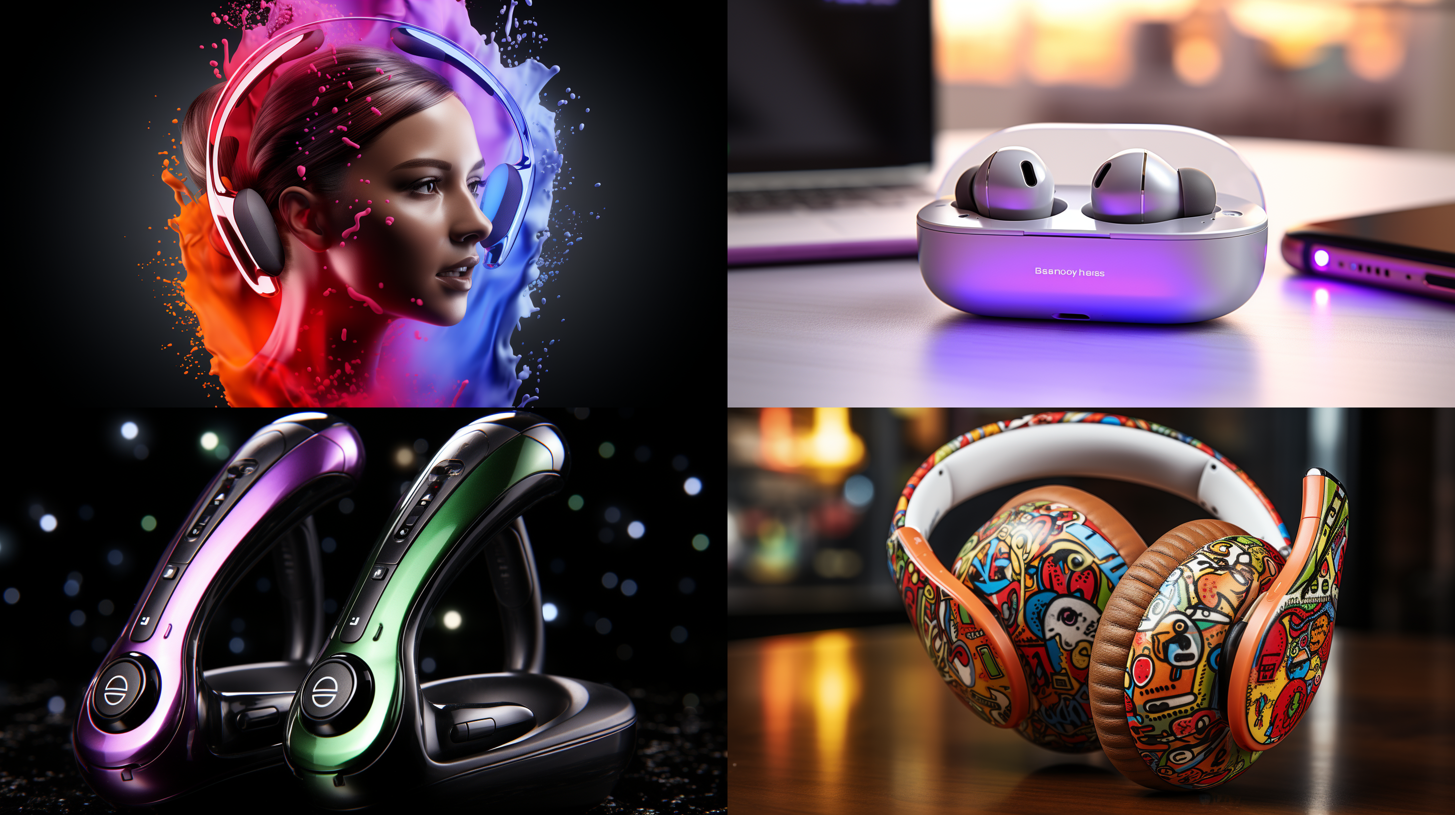 设计三套入耳式无线耳机和耳机盒，科技感强，产品为蓝色，紫色，绿色，白色背景