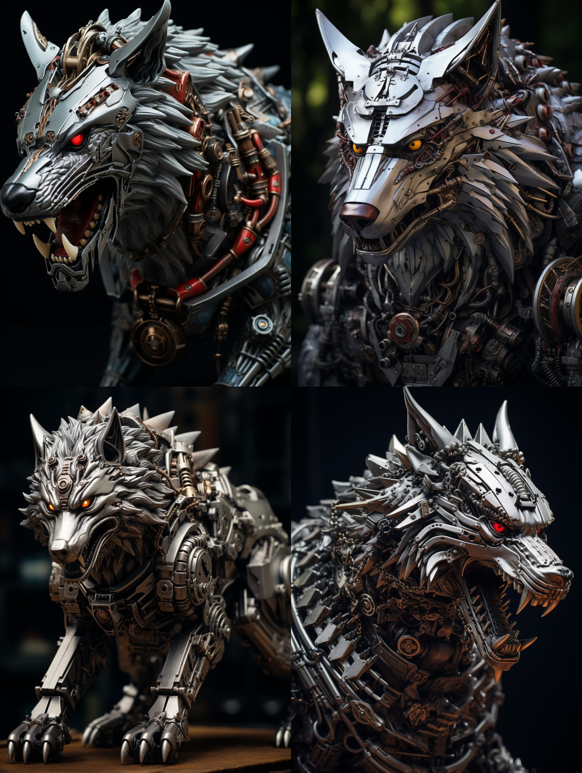 一只精美的野狼，用钢铁零件制作的，细节由很多齿轮，机械配件组成，仰头朝天怒吼，栩栩如生