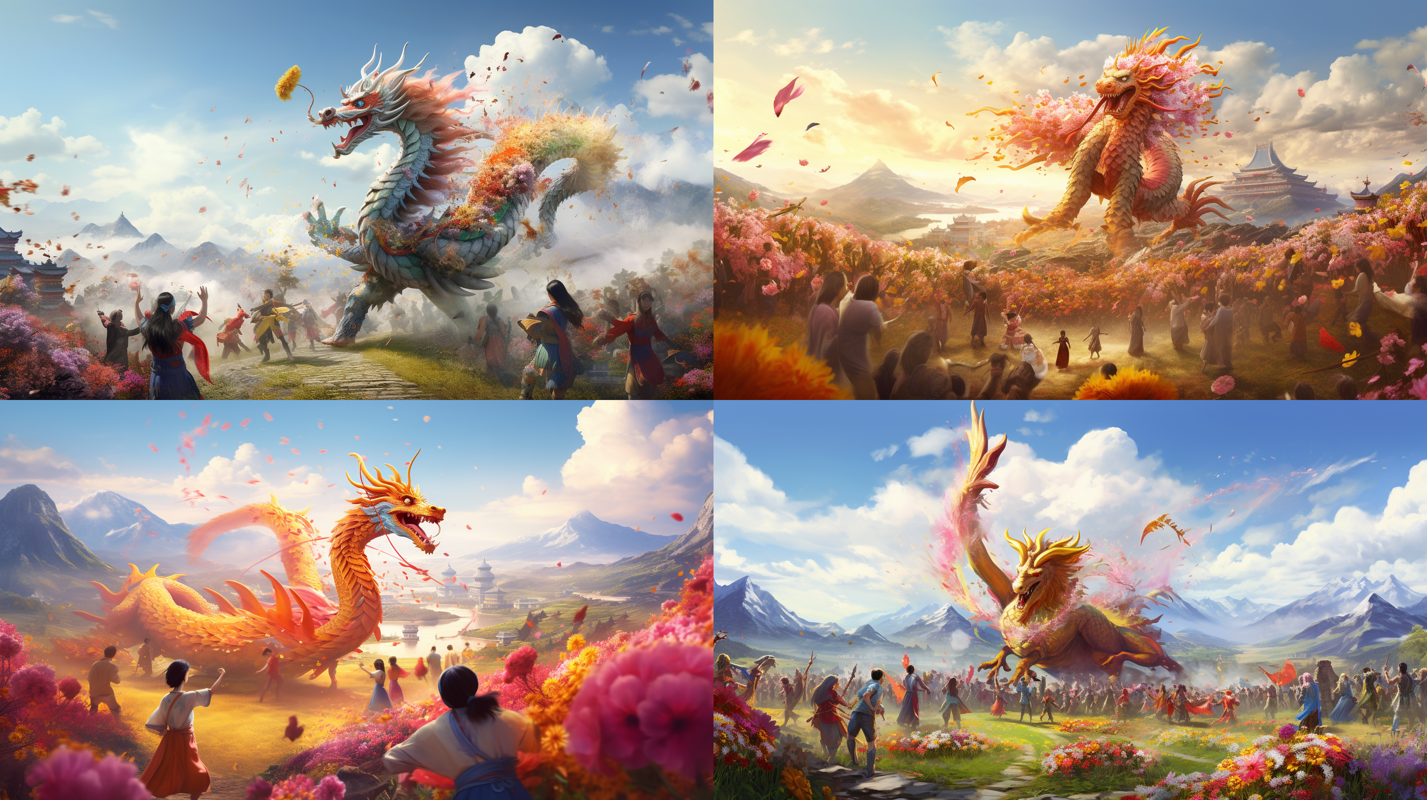 人们在开满繁花的草地上舞龙庆祝春节。人群带着毛绒帽子，天气是小雪但是有太阳。 极高分辨率 科技幻想 太阳 山顶