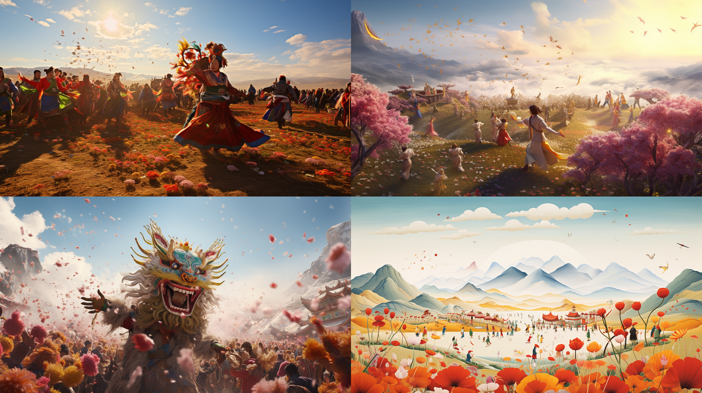 在开满繁花的草地上，人们舞龙庆祝春节。人群带着毛绒帽子，天气是小雪但是有太阳 极高分辨率 太阳 山顶 风景