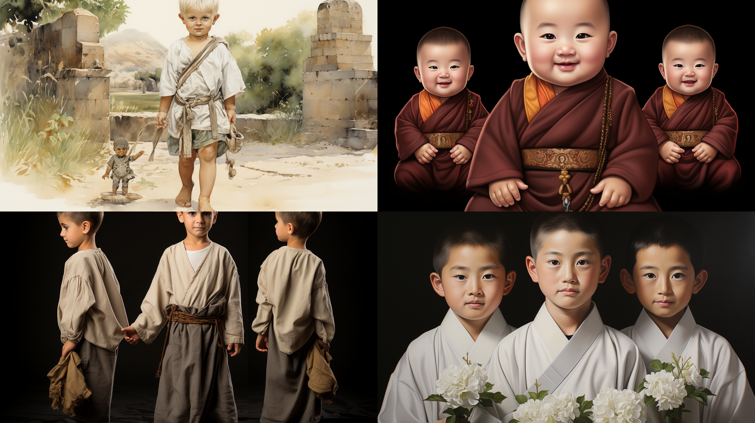 一个三岁小和尚穿白色衣服，有三视图设计，白色背景 正太 小男孩 原画