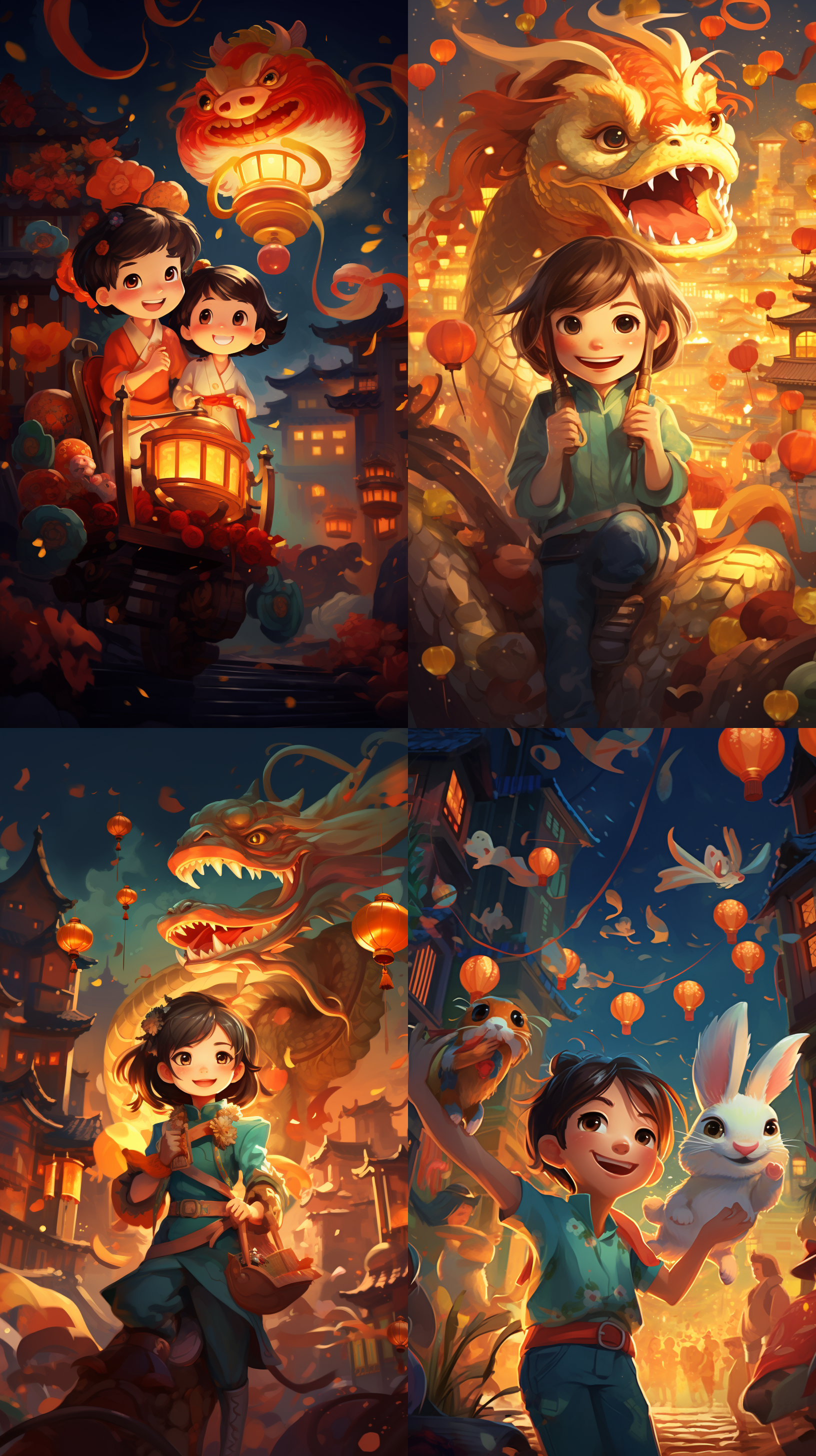 中国风年画，水彩风，欢快的氛围，夜晚灯火通明的中式背景，鲜艳明亮的色彩，透视构图，细节丰富，独特卡通风格，光影处理精细，动感十足的角色表情，展现有故事的动态。角色：龙和兔子（呆萌可爱傻傻的那种）