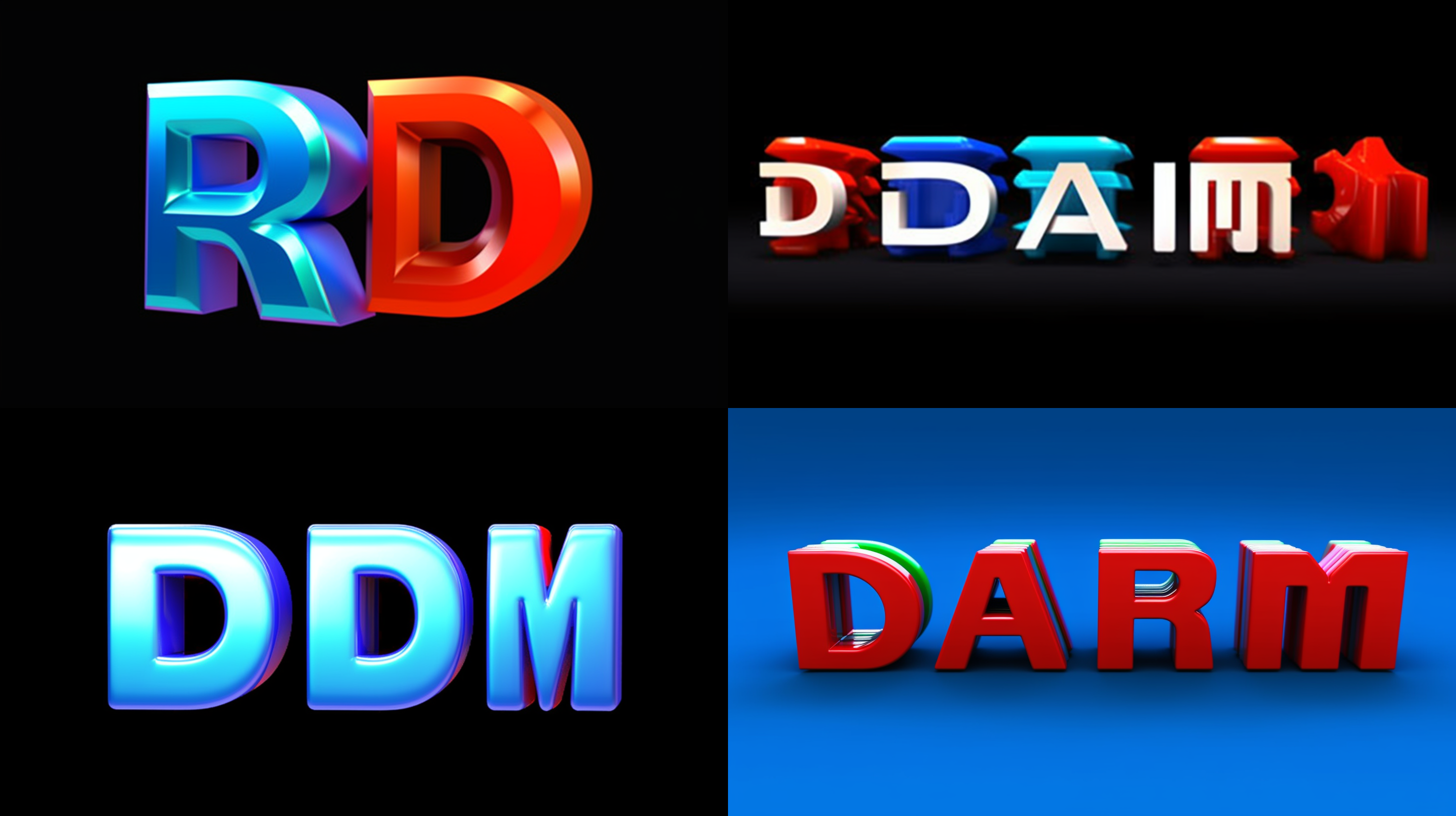 以“dradim3d" 字母设计一组logo, 极简主义风格， 字母数字logo设计， 矢量图形，红绿蓝三解组合，高度艺术感，顶级8k清晰度，16：9比例