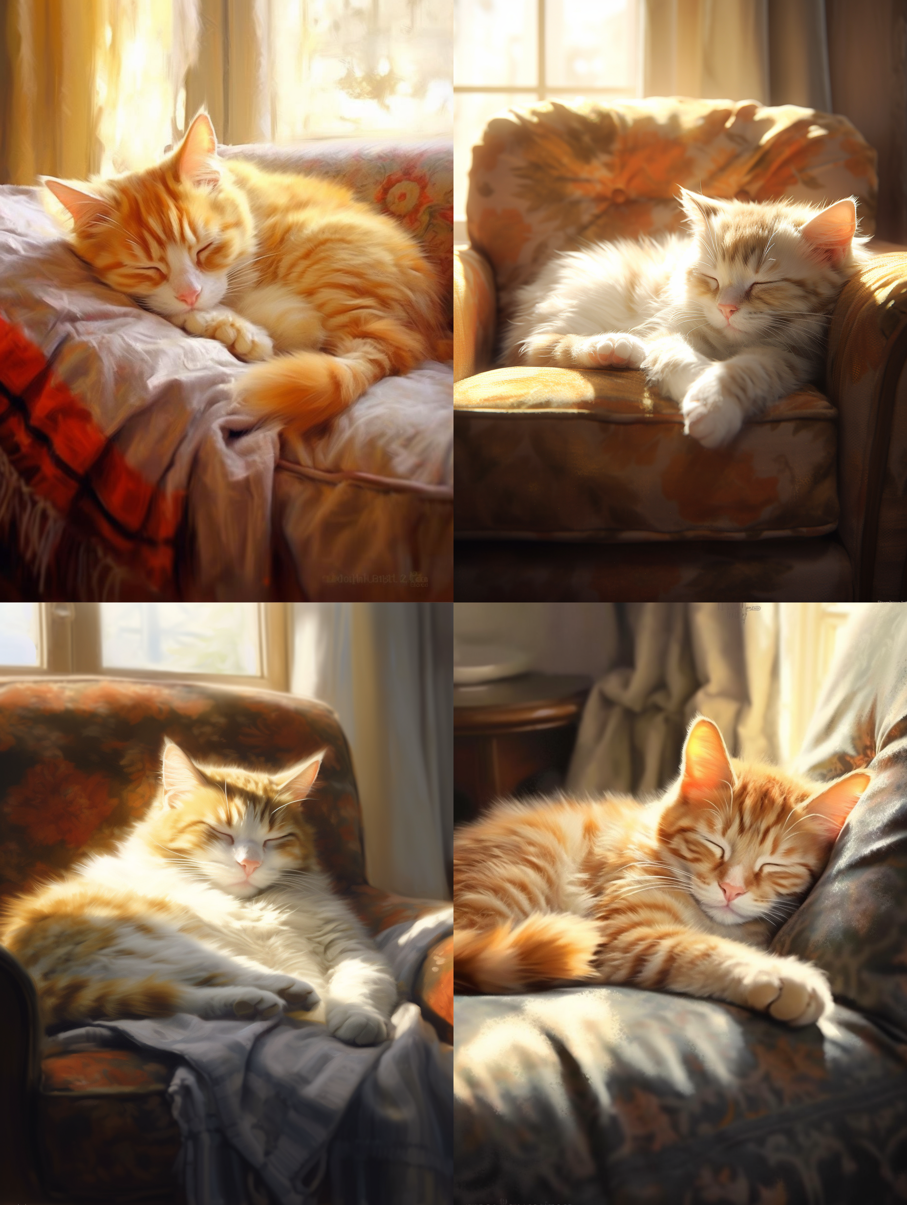 可爱的猫咪趴在沙发上打盹，阳光充足，睡姿古怪可笑，超写实，现实风格，超高清