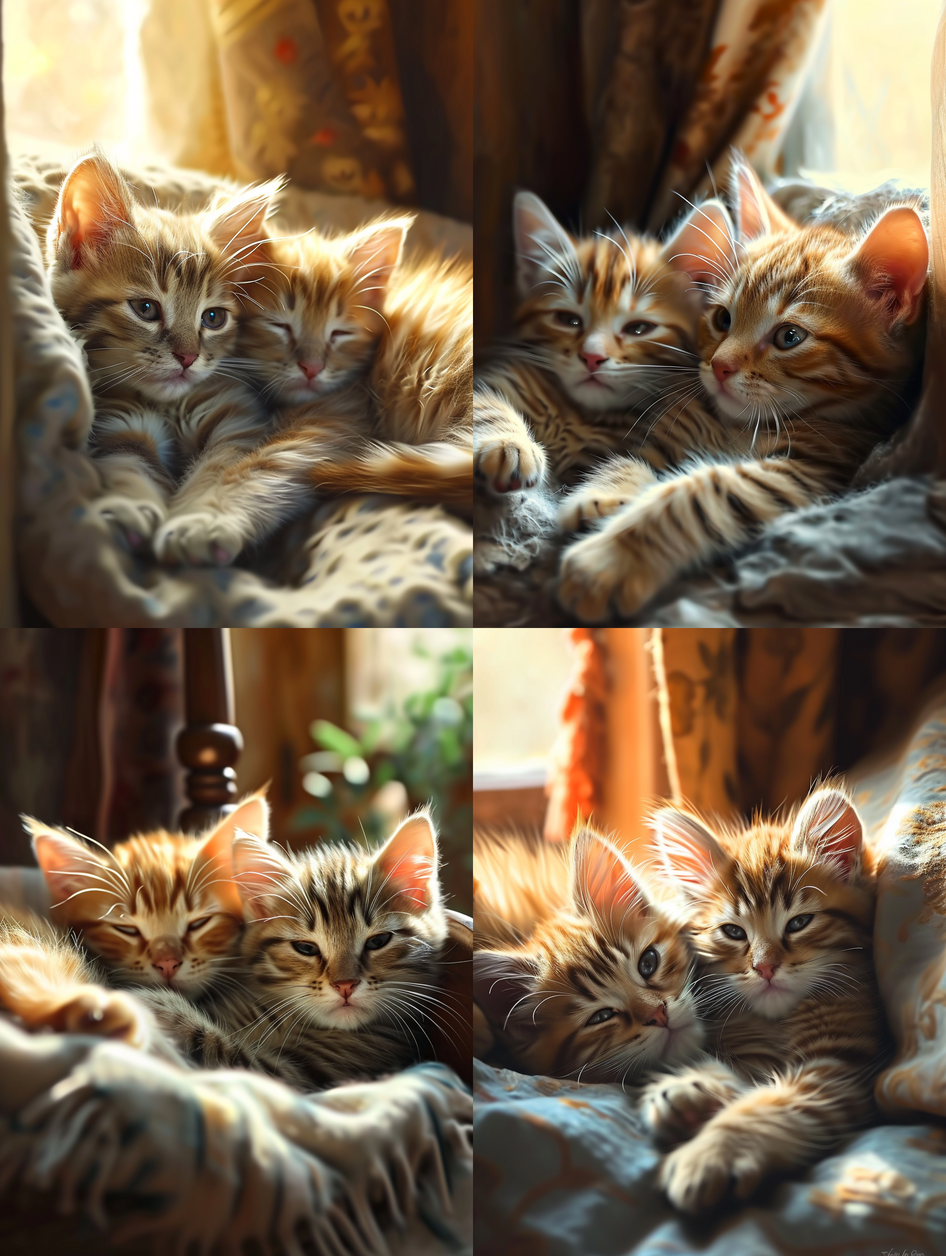 两支可爱的小花猫猫咪爬在猫窝里睁着好奇，惊讶的眼神看着什么！呆萌可爱，可笑，古怪，阳光光线，室内真实光线，写实，现实风格，超高清