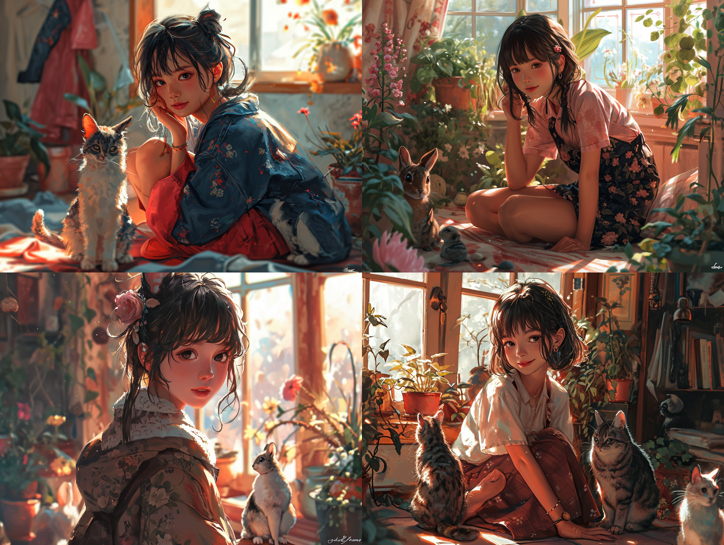 二次元女孩，柔和光线，抓拍风格，室内环境，色彩鲜艳，细节丰富，广角镜头，甜美微笑，粉嫩氛围，与小动物互动，温馨快乐，自然肖像。 