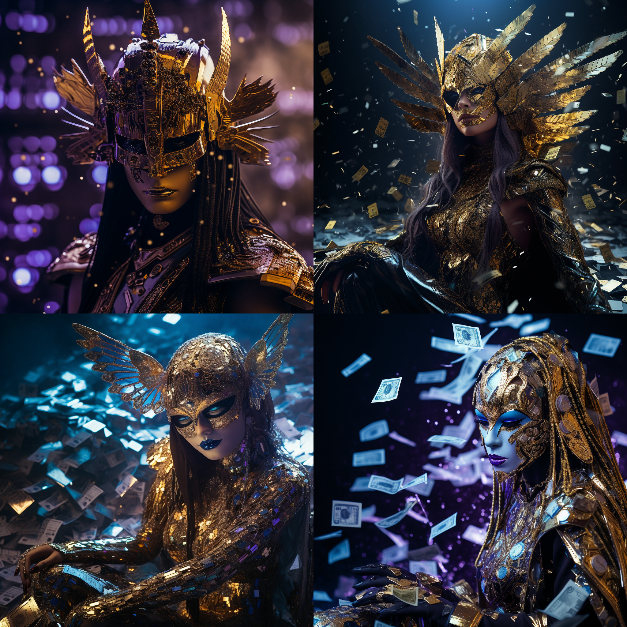一个黑暗女武神，金色面具，元宝钞票雨飘洒，地上都是金钱钞票，背景令人惊叹，电脑屏幕，淡蓝光辉，紫色电线交织，影子映衬，内部控制电路，顶级模型，看着观众，时装秀摄影，内部彩色led灯，超现实，8k，体积光，极其详细，复杂，对称，动态tsutomu nihei 的姿势超写实，令人惊叹的照片