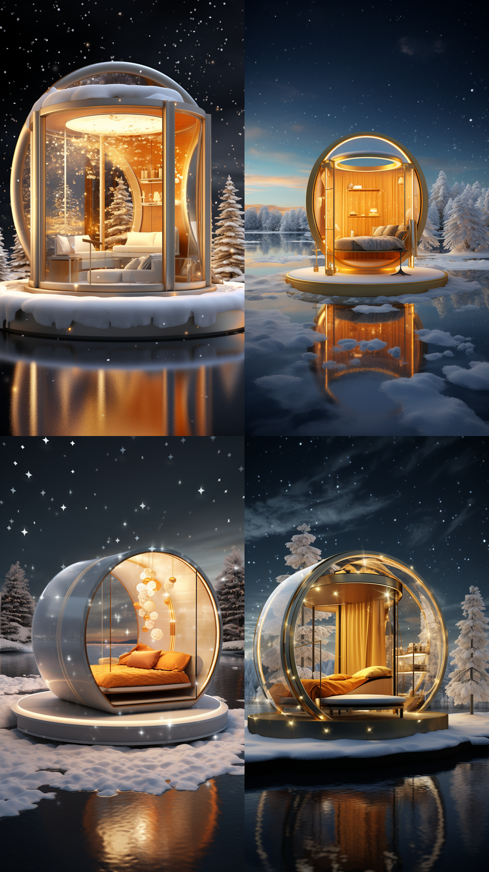 电商展台，超现实，高清，白天，圆形展台，正面，方框半打开的空间，里面一张床一张床垫，展台悬浮在水面上，外面飘着雪花，暖橘色，金色，超清晰，4k，全景