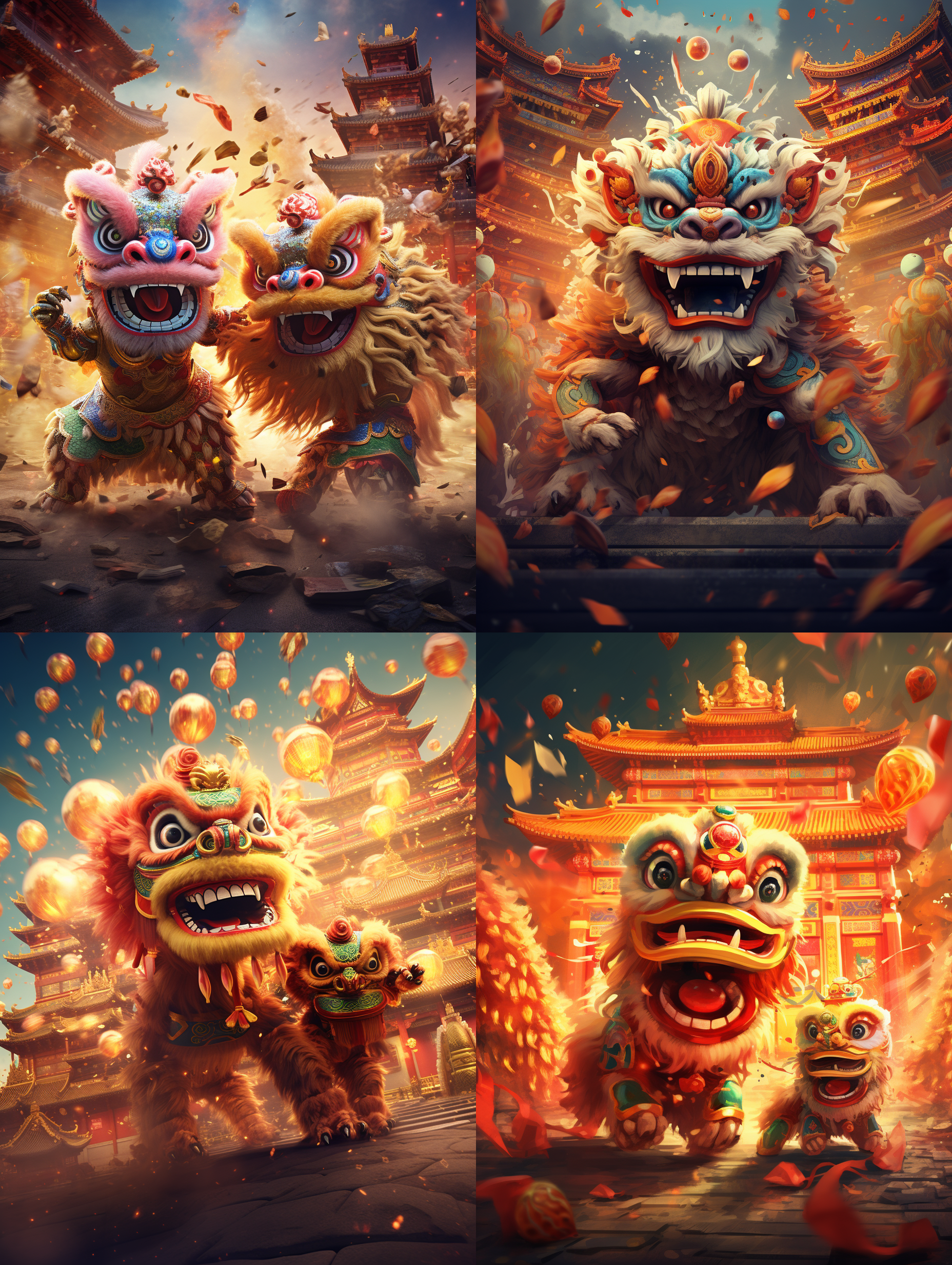 中国特色的舞龙狮，背景颜色丰富，有放鞭炮，北京故宫背景，彩旗飘飘，动态优美，活泼可爱，4k