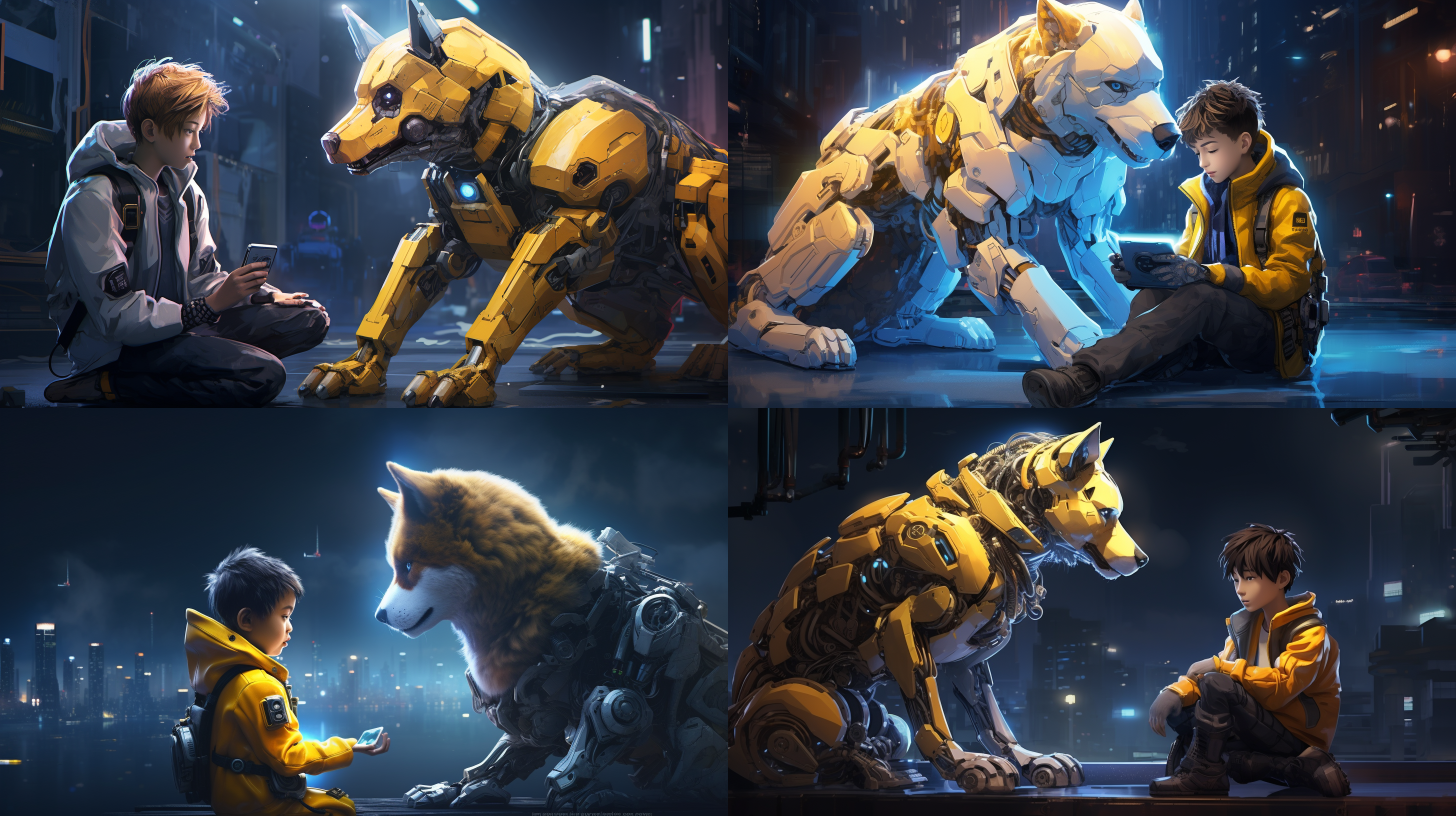 身着机甲的少年在洁白的月光下轻轻的摸着一条黄色的狗 极高分辨率 游戏cg 在赛博朋克城市 月亮 夜晚