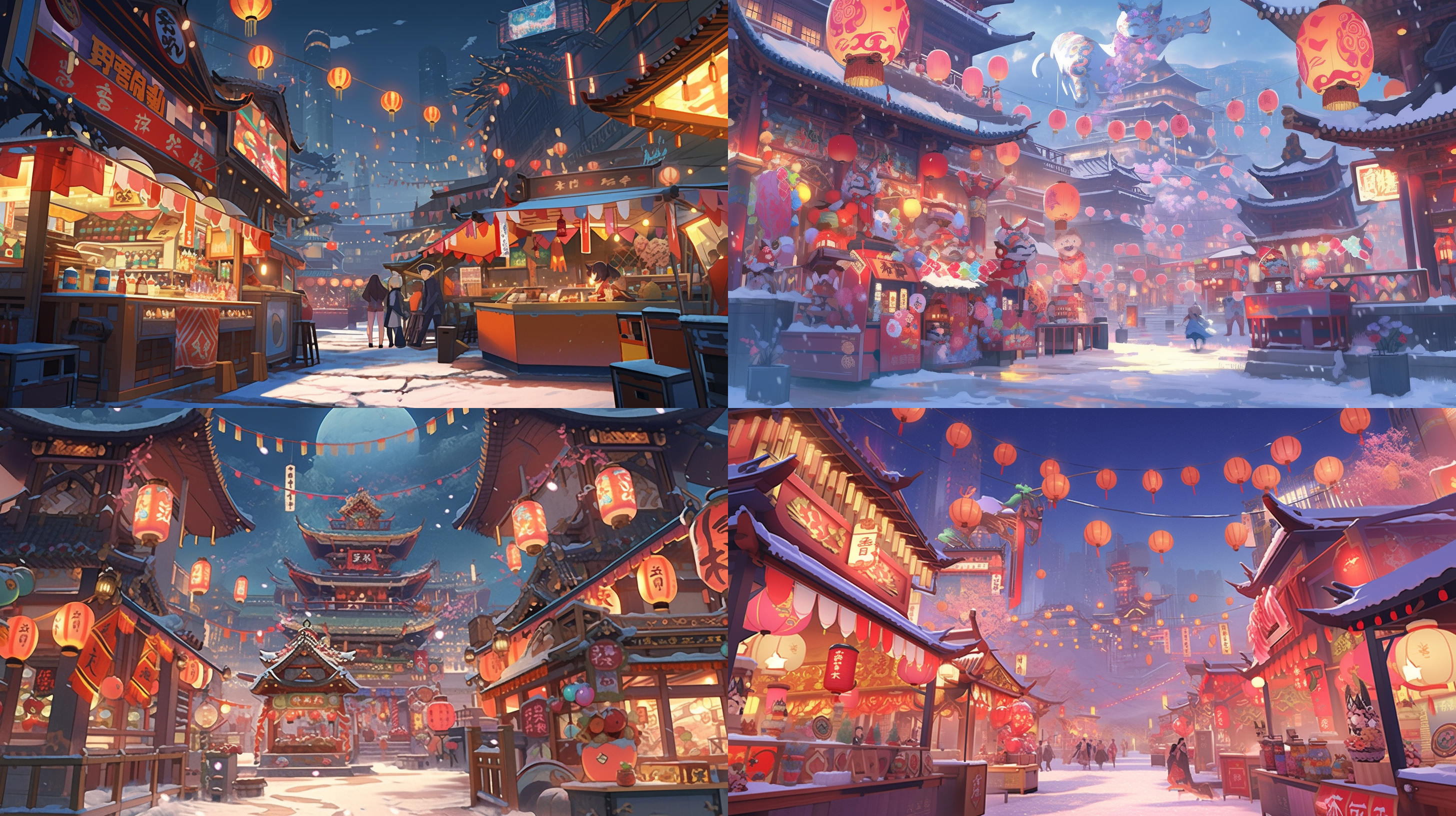 下雪的长安夜市 色彩斑斓的 城市风景