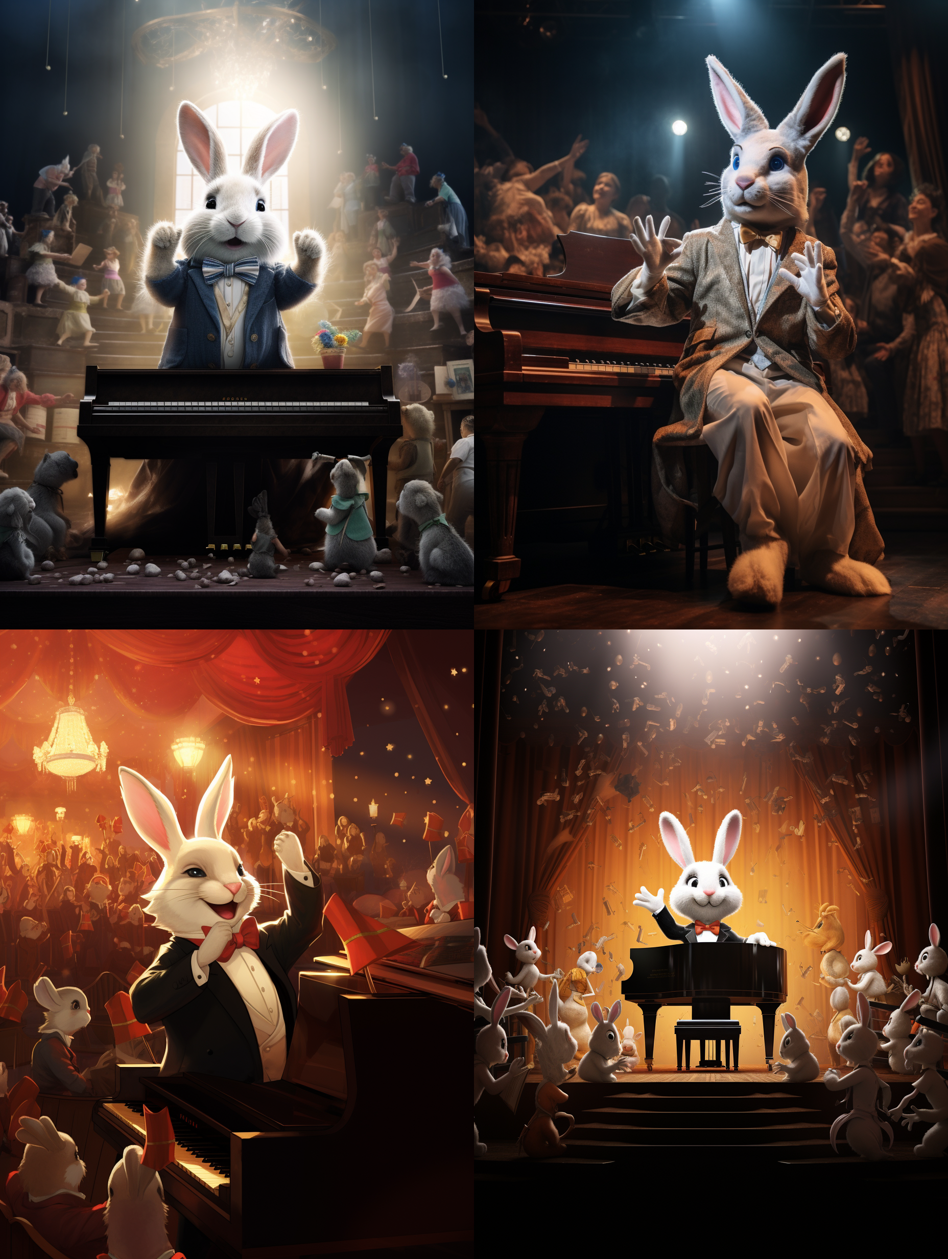 一只搞怪的兔子，坐在舞台中央在弹钢琴，神太优雅，穿着人类的衣服，周围有很多人在观赏。背景灯光灿烂。