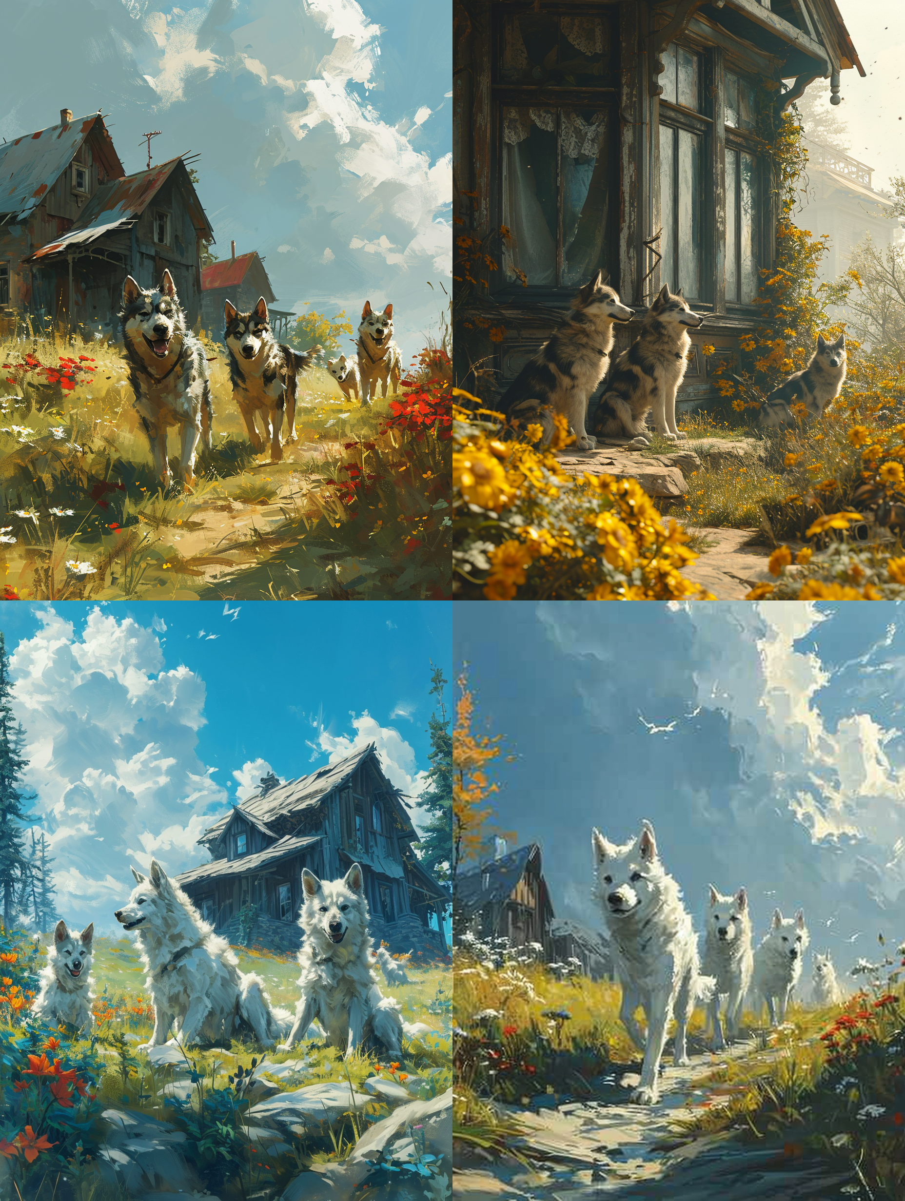 一群可爱的小哈士奇狗在一处空草地上打闹嘻戏！周边是野花，老房子，呆萌可爱，古灵精怪，可笑，阳光光线，室内真实光线，写实，现实风格，超高清