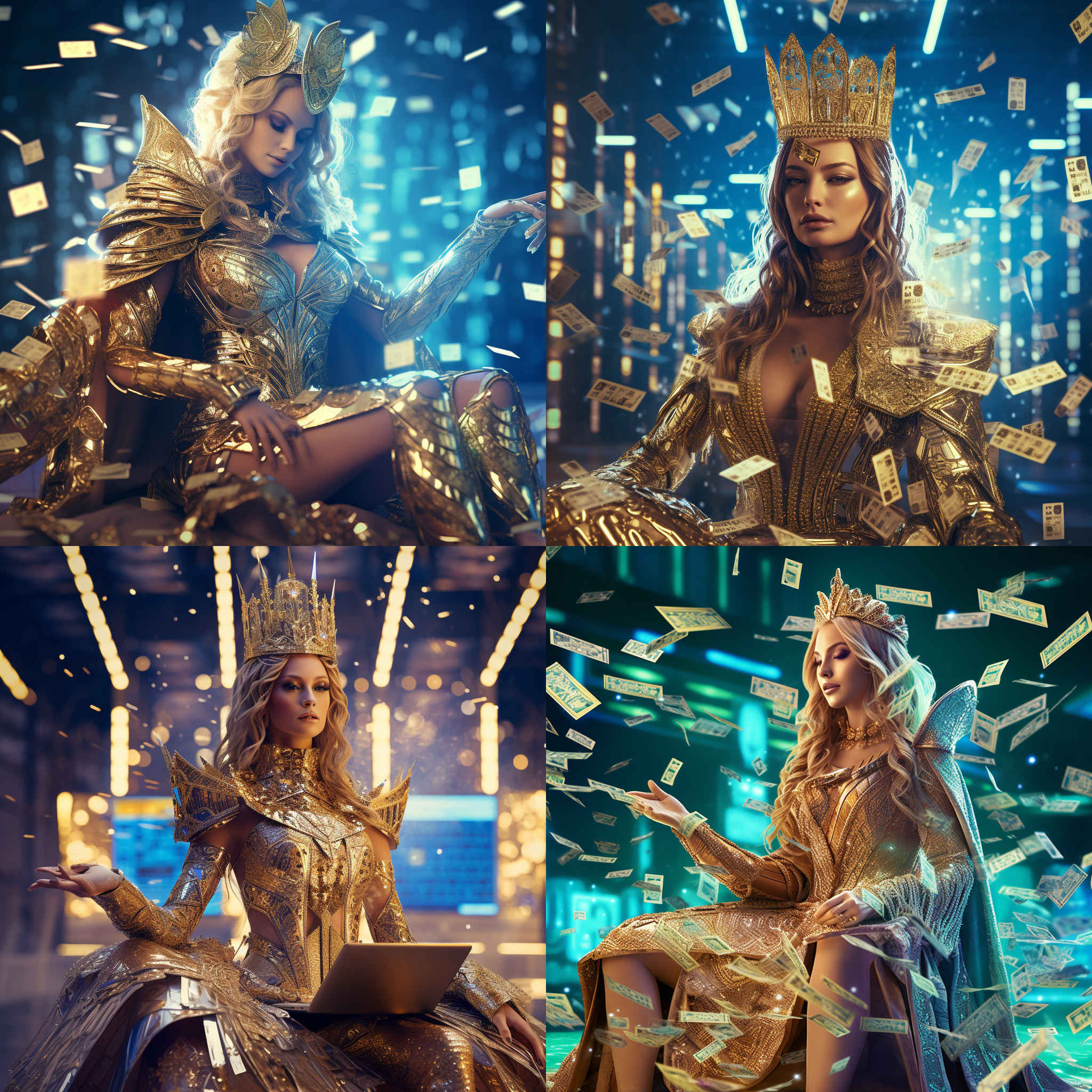 美丽的女王，黄金战甲，元宝钞票雨飘洒，地上都是金钱钞票，背景令人惊叹，电脑屏幕，淡蓝光辉，紫色电线交织，影子映衬，内部控制电路，顶级模型，看着观众，时装秀摄影，内部彩色led灯，超现实，8k，体积光，极其详细，复杂，对称，动态tsutomu nihei 的姿势超写实，令人惊叹的照片 