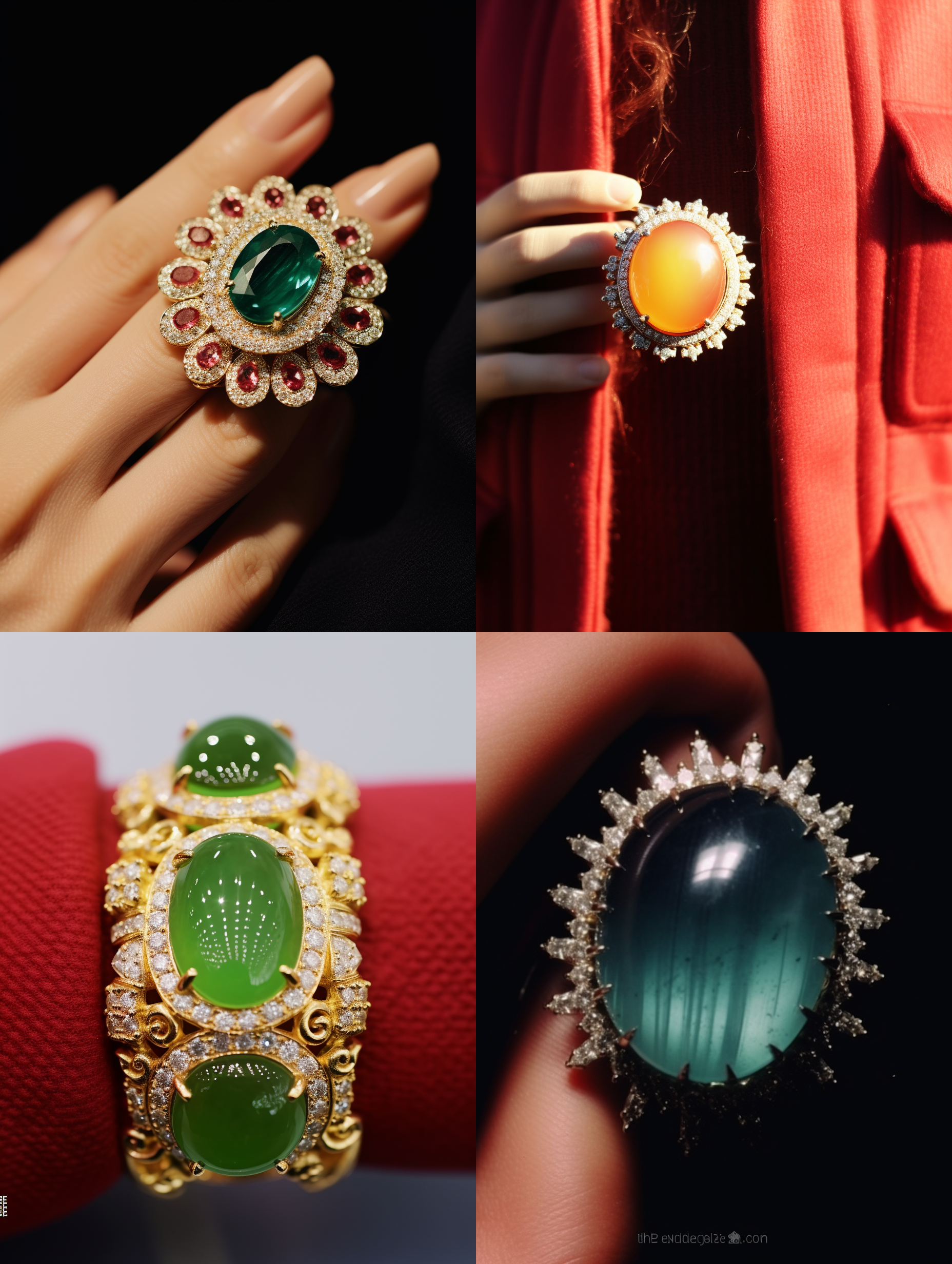 搭配着钻石的阳绿色翡翠蛋面的戒指，戴在女生的手指中指上，周围环境是在阳光明媚的公园里