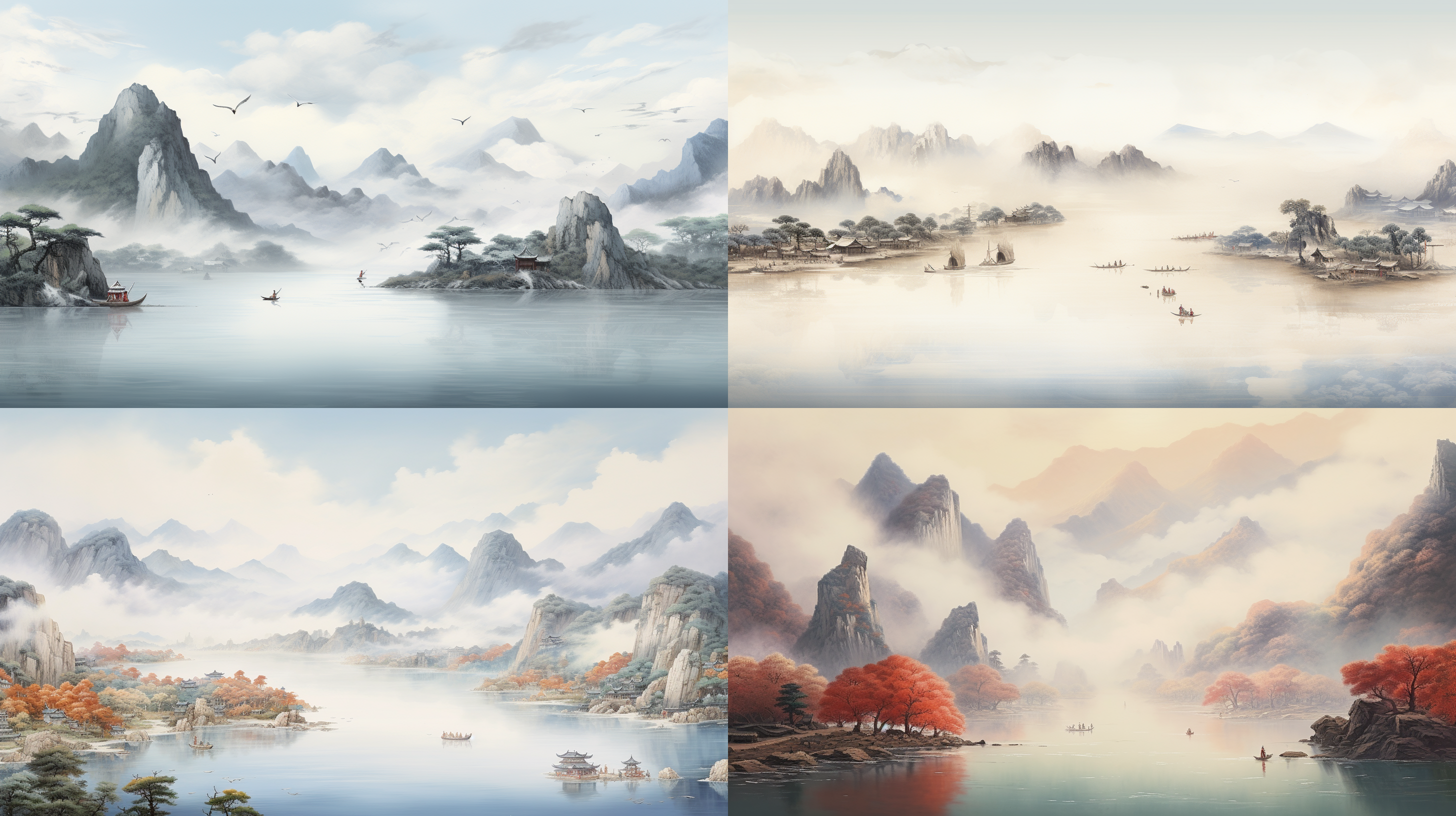 宋朝国画，千里江山图，只此青绿，低饱和度，神秘意境，画面大量留白