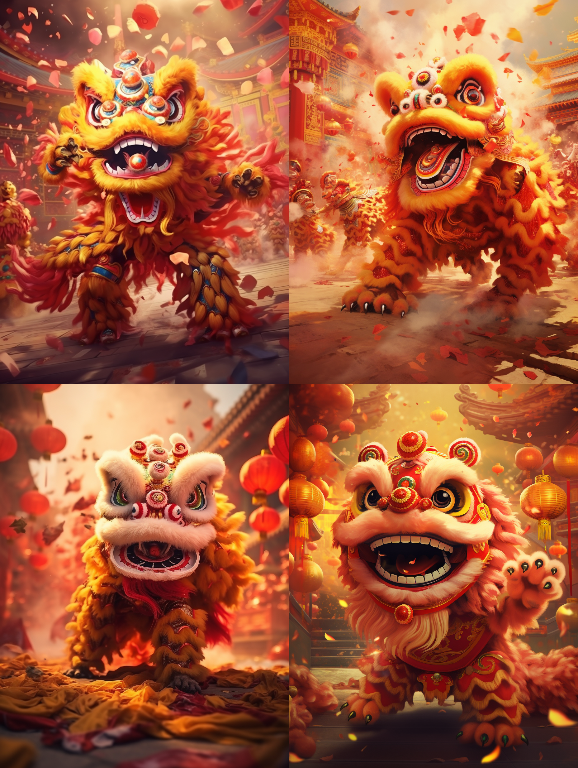 中国特色的舞龙狮，金黄和大红的狮子，背景颜色丰富，有放鞭炮，北京故宫背景，彩旗飘飘，动态优美，活泼可爱，4k