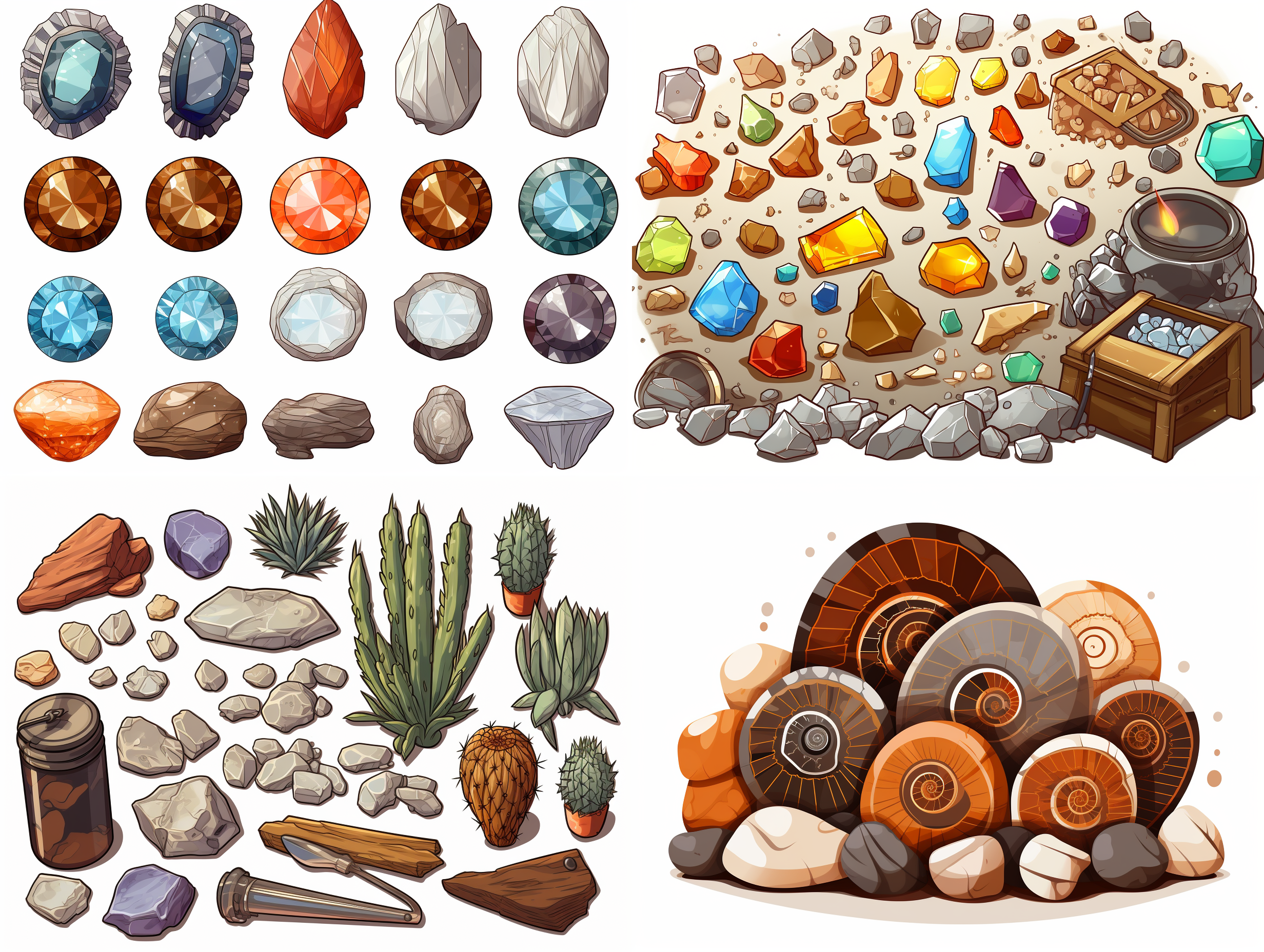 an image in a cartoon style, which presents a variety of minerals and fossils against a white background.