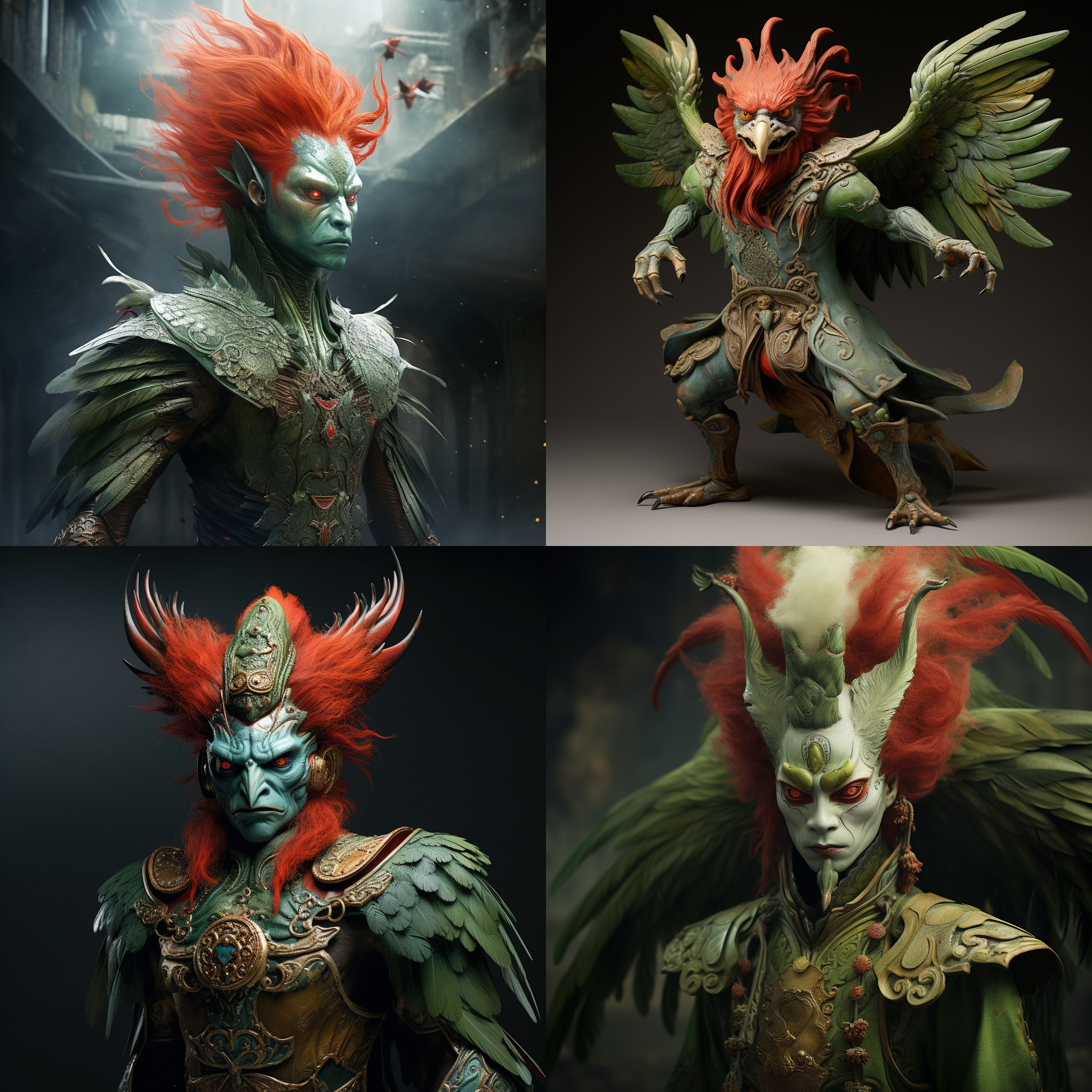 中国神话人物全身像，男性，背上长着一对翅膀，绿色的皮肤，面部有獠牙、红色的头发、鼻子和嘴和鸟喙一样。