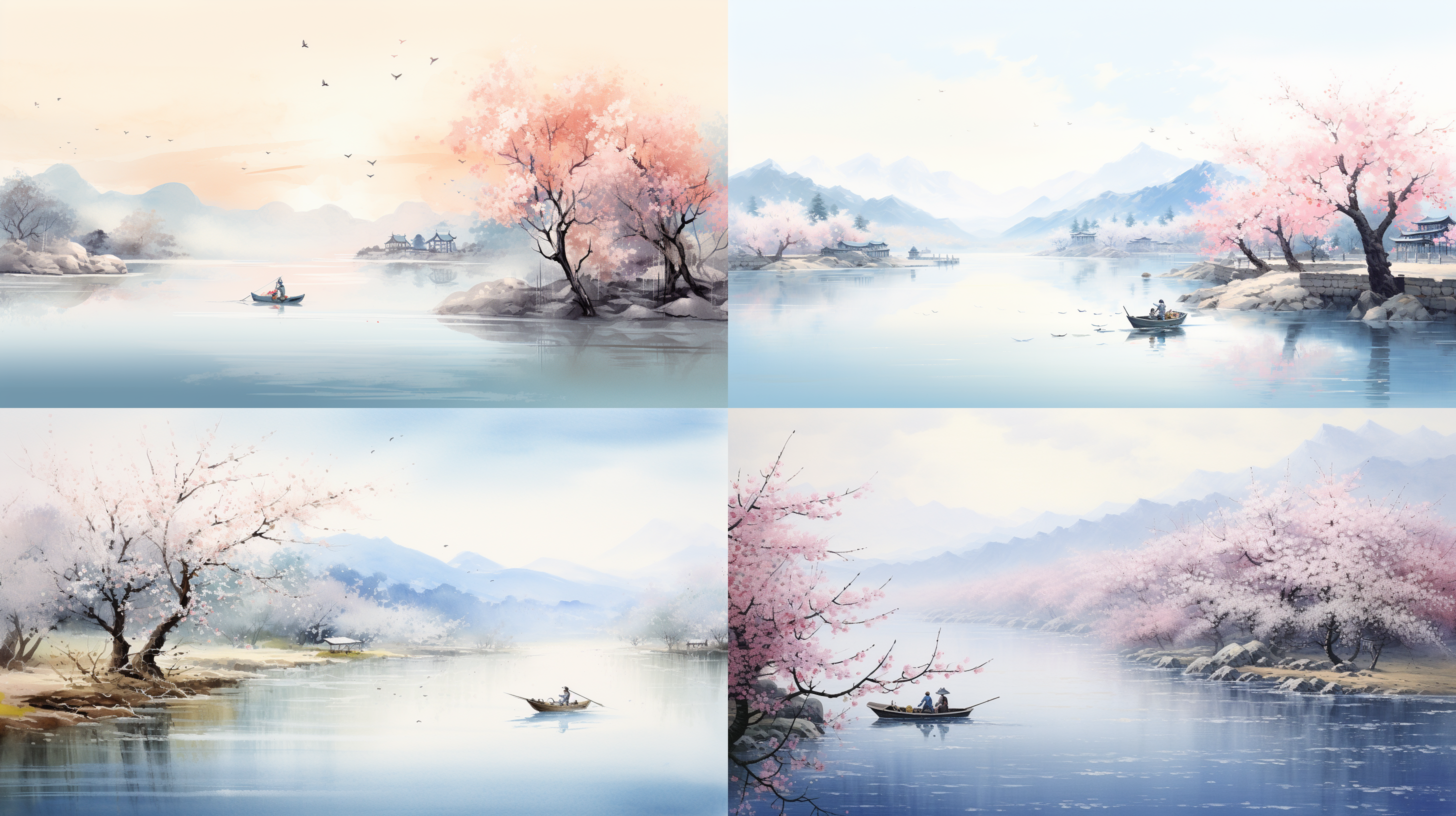 一幅插图展示了一条河，河的两岸是桃花树，河上有一艘小小的渔船，浓雾缭绕，风格是迷人的风景画，中国水墨画，精确主义，深天蓝色和浅金色，顾家志