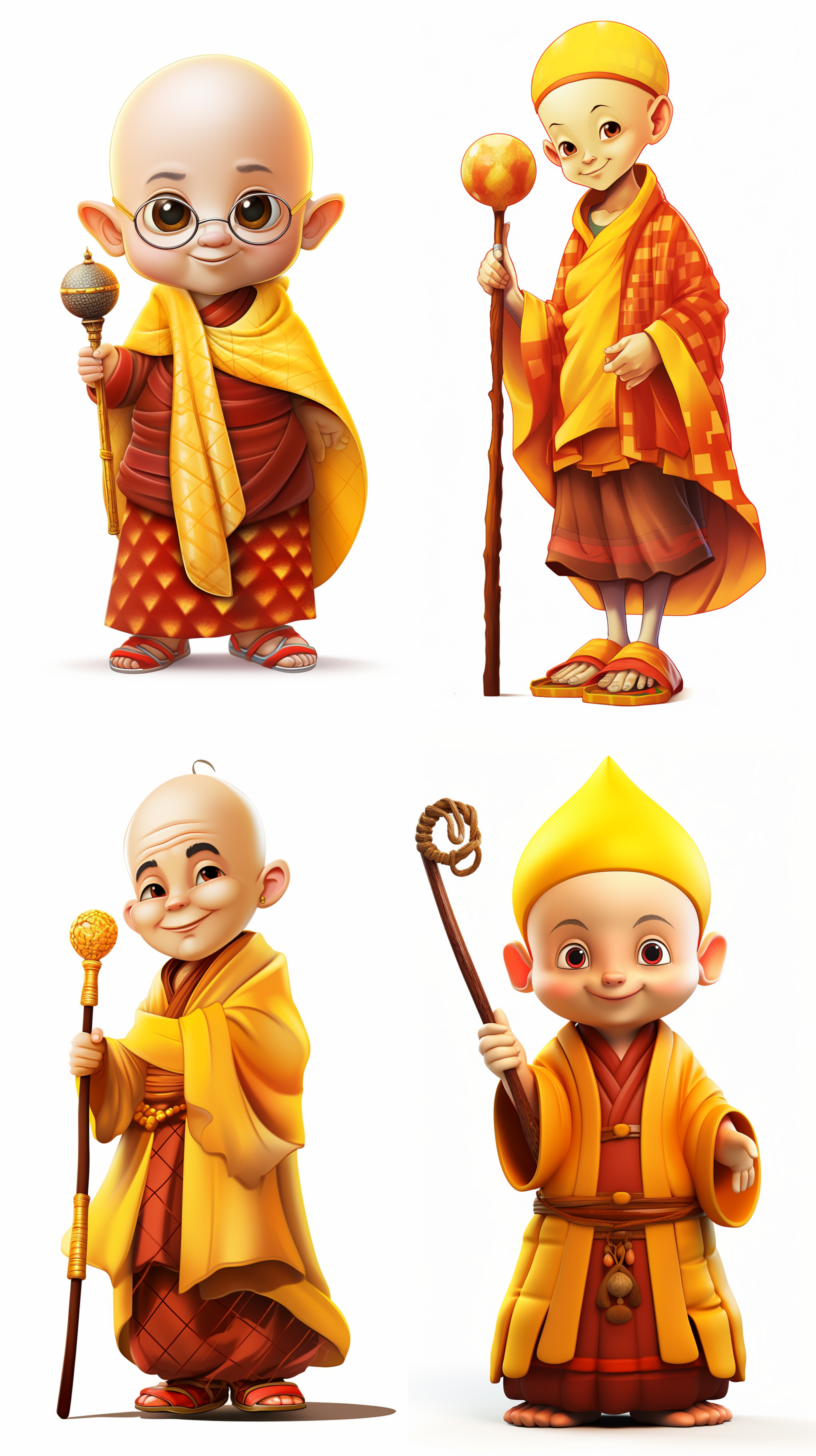 卡通唐僧，黄色唐僧帽，红色方格袈裟，金色拐杖，咖色佛珠，白色背景，明亮色调，正面视角，透视构图，细节丰富，温和表情，和谐。 动画艺术