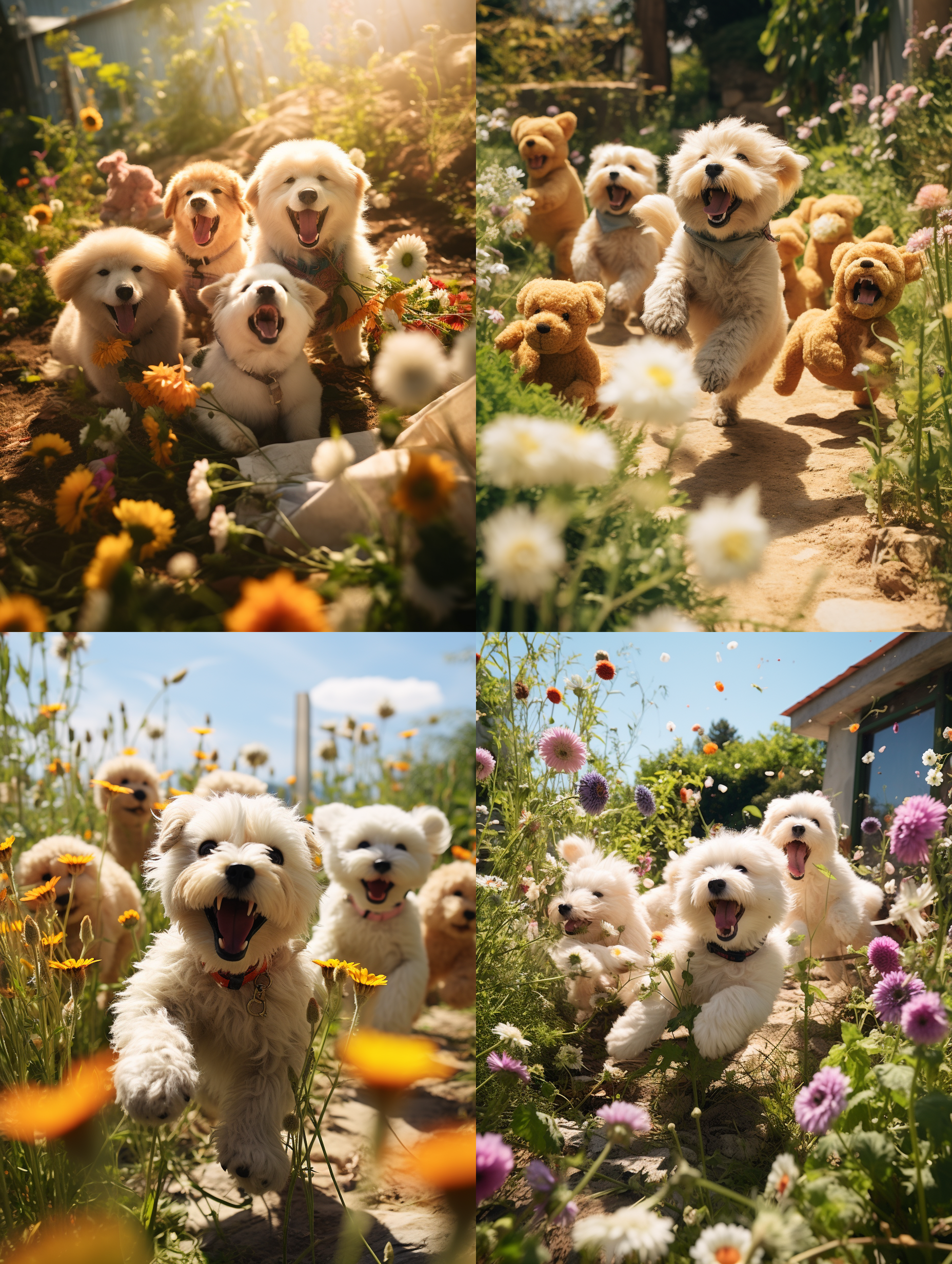 一群可爱的泰迪狗在一处空草地上打闹嘻戏！专业动物摄影，徕卡高端相机专业摄影，中景镜头，全景，周边是公园的花卉绿植 ，长满别墅墙的牵牛花，泰迪呆萌可爱，古灵精怪，可笑，阳光光线，野外真实光线，超写实，现实风格，8k超高清画质 